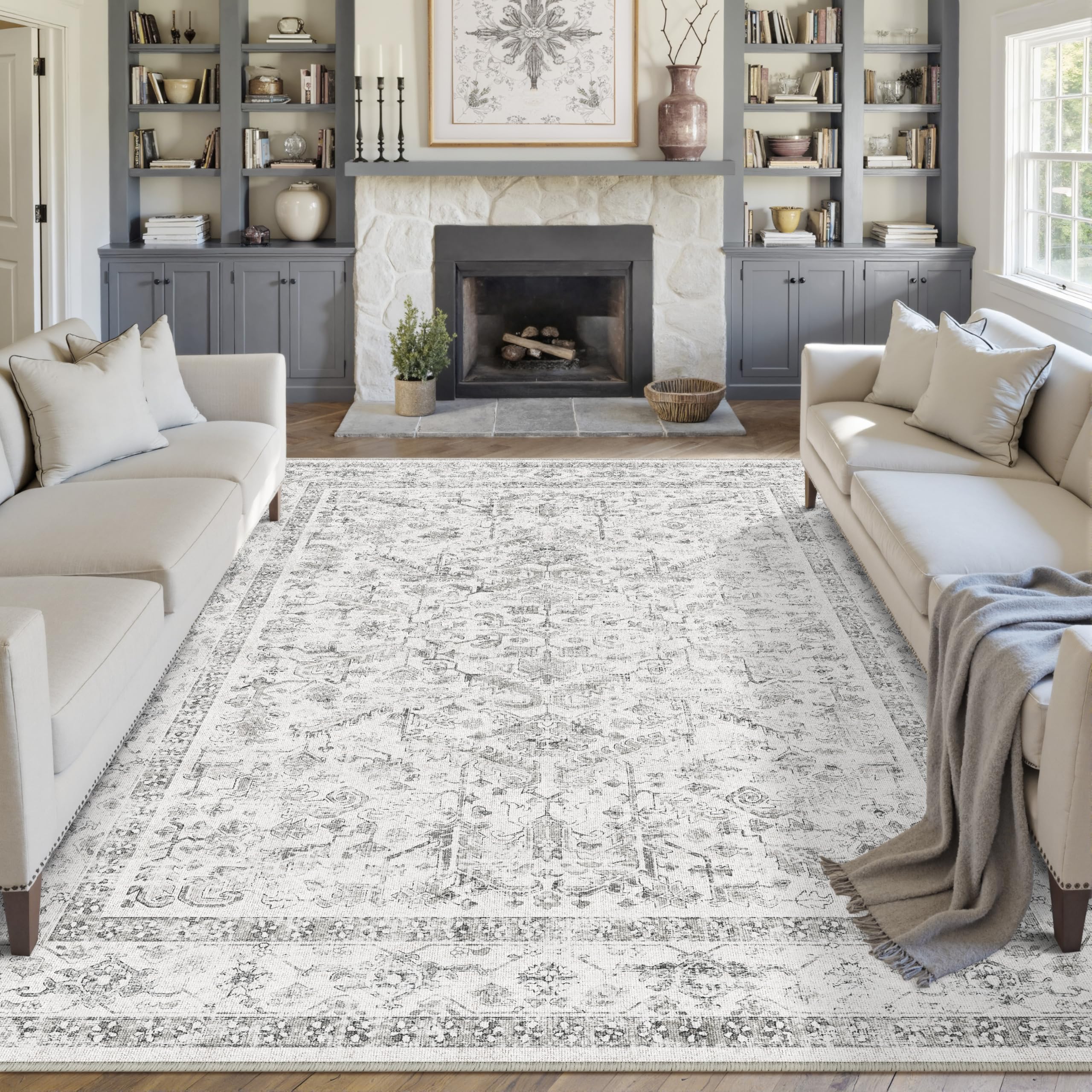 HUGEAR Vintage Woonkamer Tapijt Grijs Vloerkleed Groot 90x150cm Antislip Machinewasbaar Keuken Slaapkamer Eetkamer Wasruimte Kantoor Buiten Vloerkleden Kortpolige Carpet