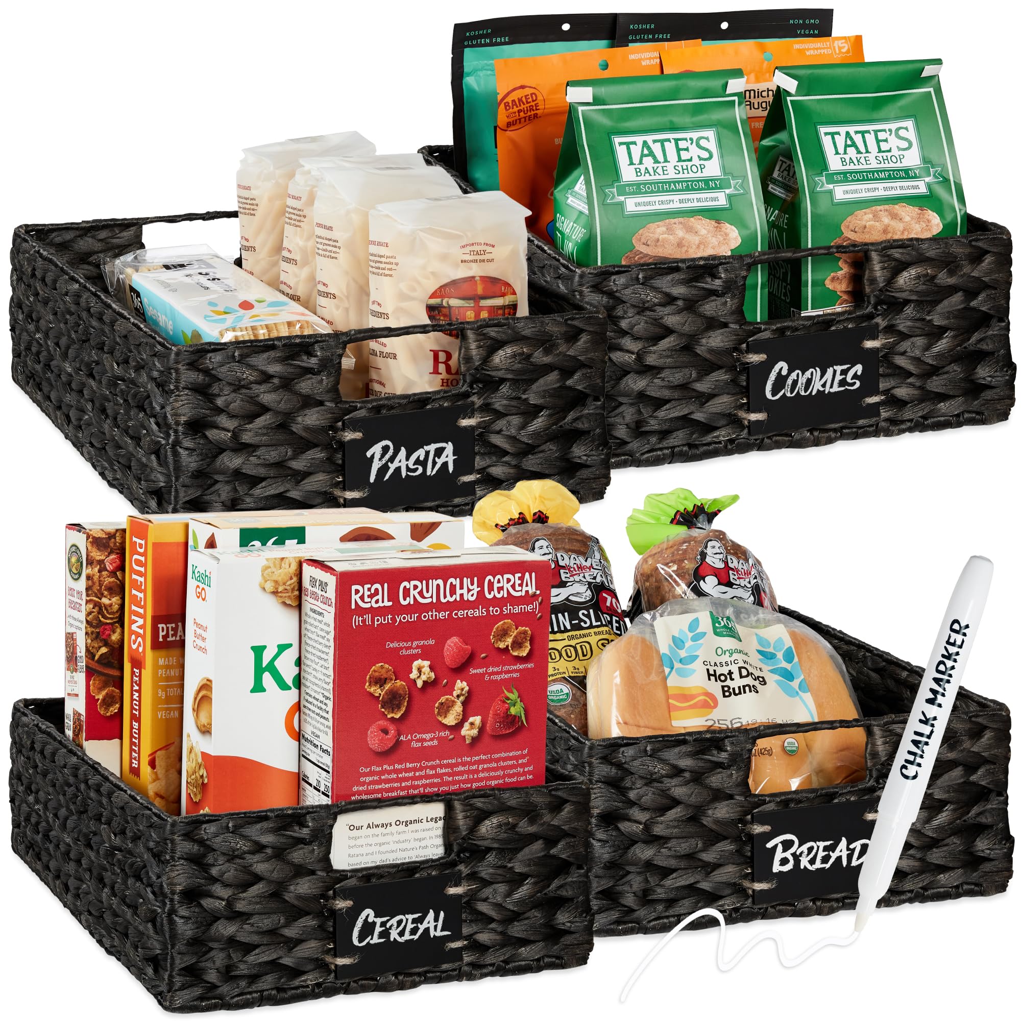 Best Choice Products Set of 4 16x12in Large Water Hyacinth Pantry Baskets, Woven Organizers w/Chalkboard Label, Chalk Marker - Black