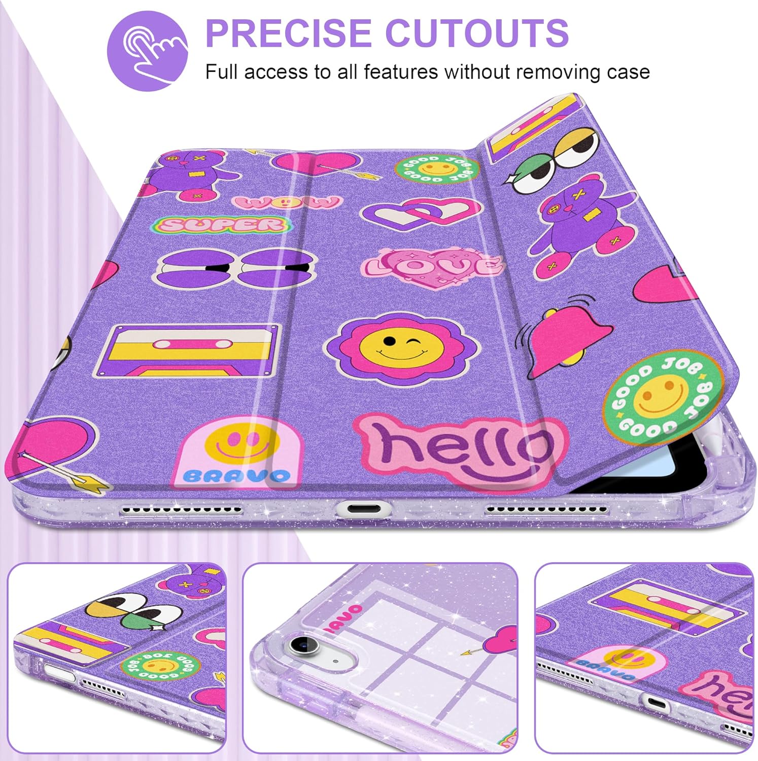 Sparkle Case for iPad 11th Generation (A16) 11 inch 2025 /iPad 10th Gen 10.9 2022 - Premium Satin-Touch Cover, Embedded Glitter Clear Back, Cute Trifold Protective Skin - Retro Stickers