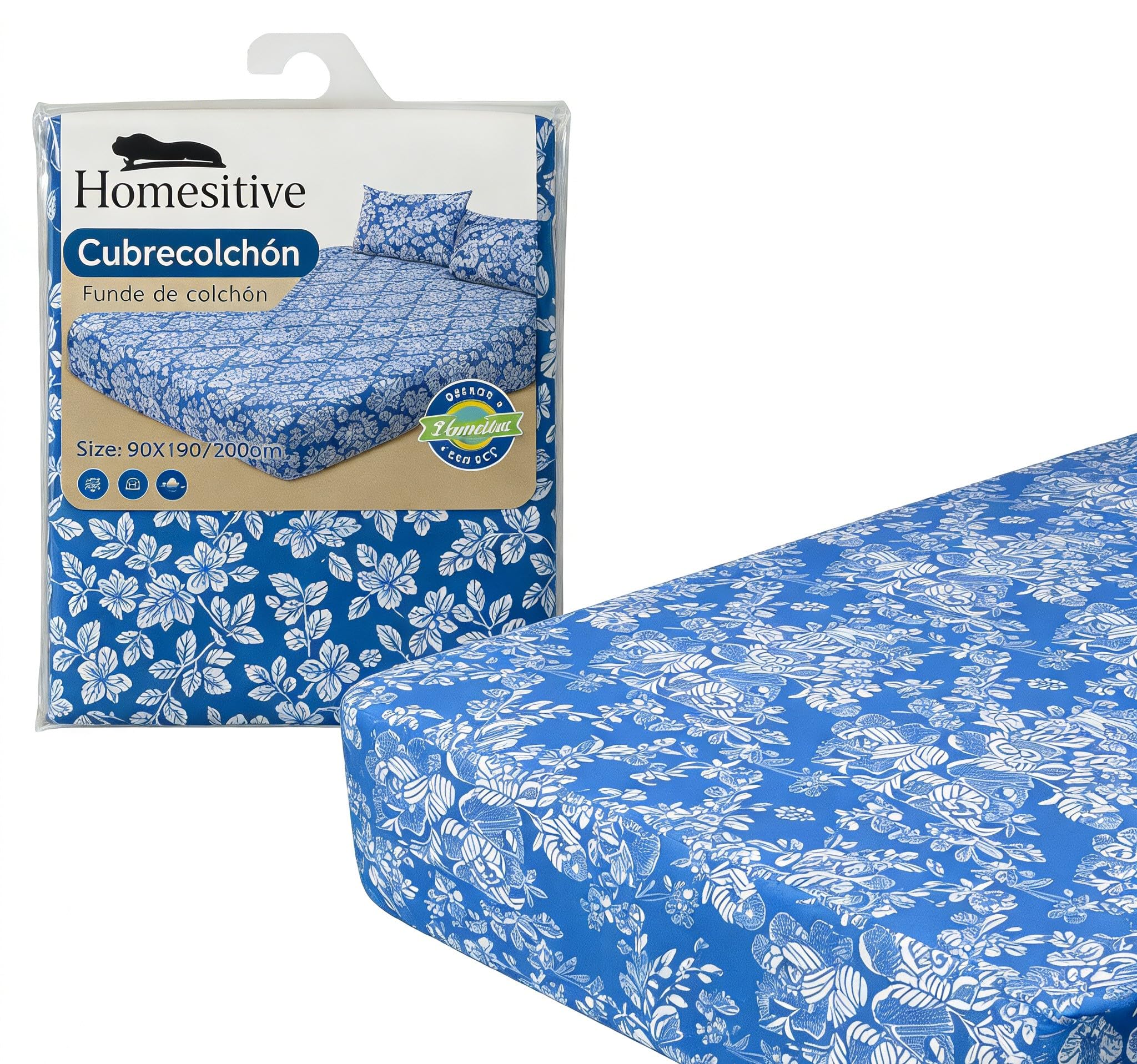 Funda de colchón con Cierre de Cremallera,Cubre Colchón de Cama 105cm,Fácil de Colocar,Respirable,Resistente, Suave y Agradable 100% Poliéster,Floreado Azul