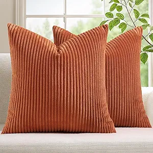 Mecatny Corduroy Decorative Fall Throw Pillow Covers 16x16 Set of 2 for Sofa Living Room, Soft Burnt Orange Neutral Boho Couch Pillow Covers for Home Decor, Rust
