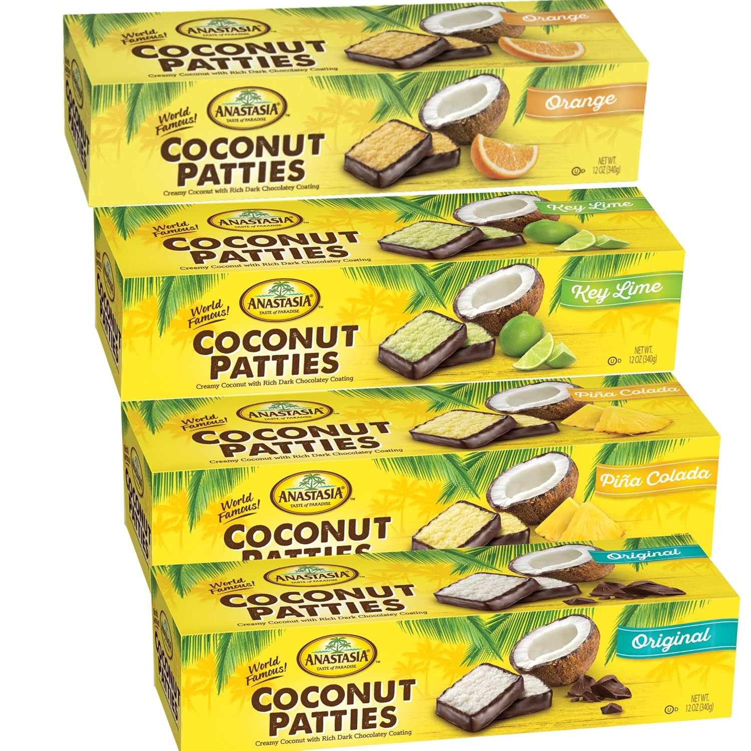 Coconut Patties, Chocolate, Anastasia, oh asis! Patties Original, Coconut orange, key Lime Patties and Pina Colada Patties, (4 count) 10oz, Variety pack