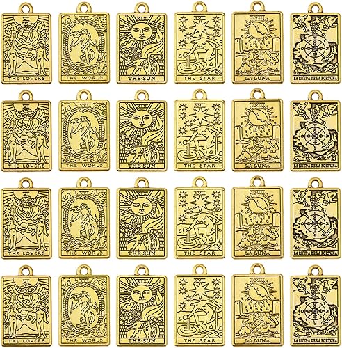 CHGCRAFT 24 dijes de cartas de tarot de 6 estilos rectangulares de aleación de zinc para manualidades, pulseras, aretes, collares, joyería