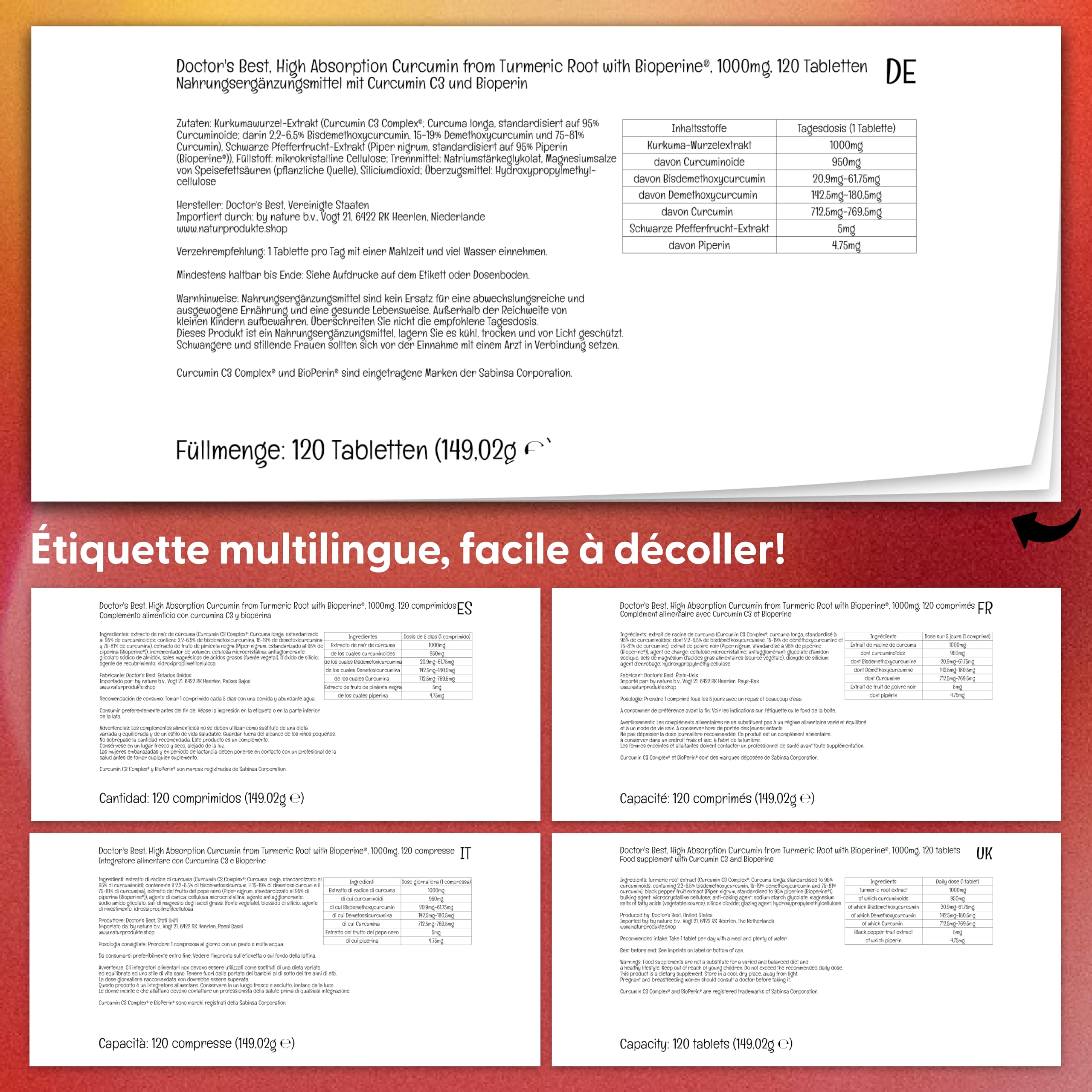 Doctor's Best, High Absorption Curcumin (Curcumine à Haute Absorption), 1.000mg, 120 Comprimés végétaliens, Testé en Laboratoire, Curcuma, Sans gluten, Sans Soja, Végétarien