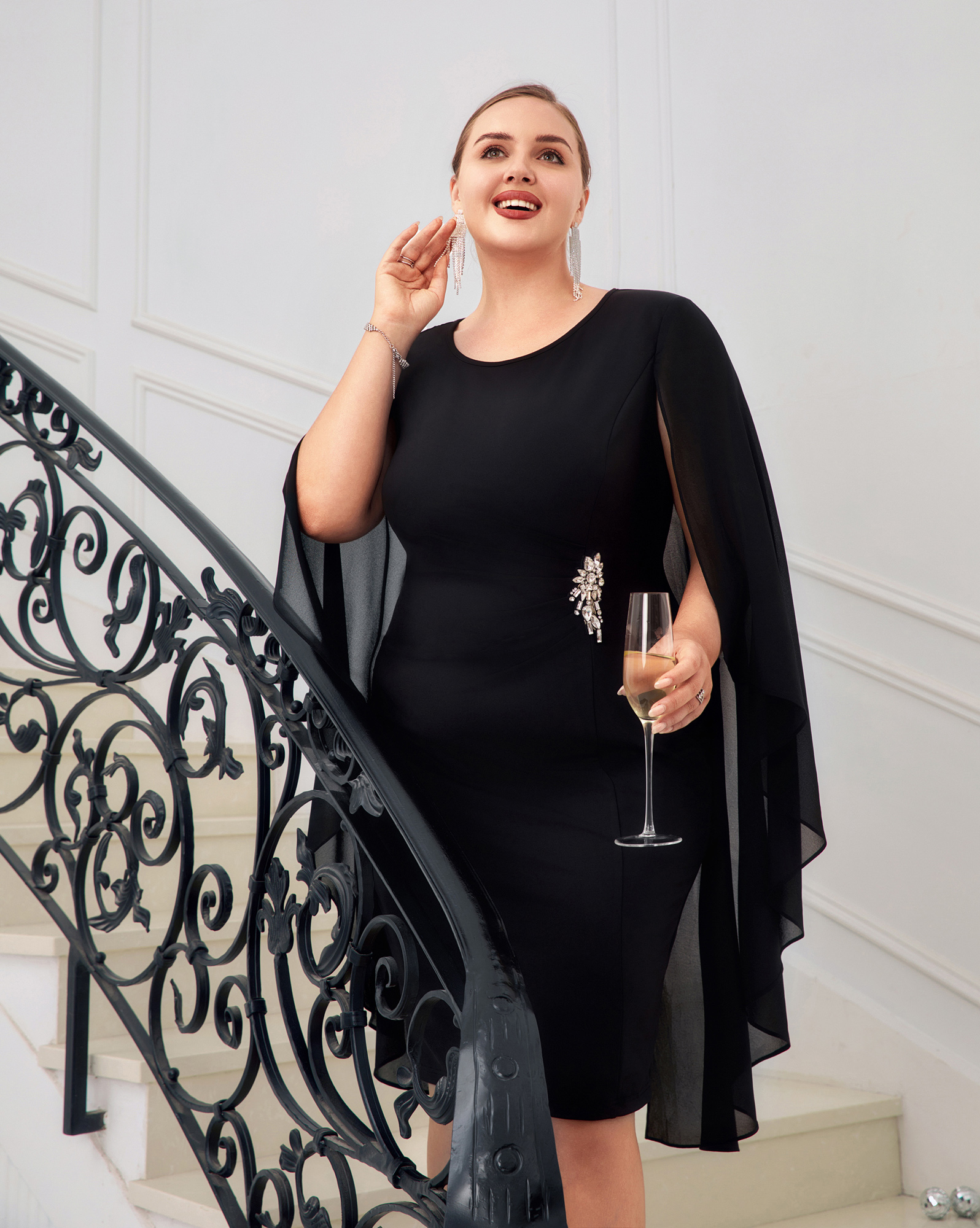 black cape dress plus size Hanna Nikole Pleated Rhinestone Evening Round Neck Cocktail Dress Chiffon Prom Dress for Curvy Women Dark Blue 28 Fashion Starling | Black Matte spring-summer-2026 Color:Canary