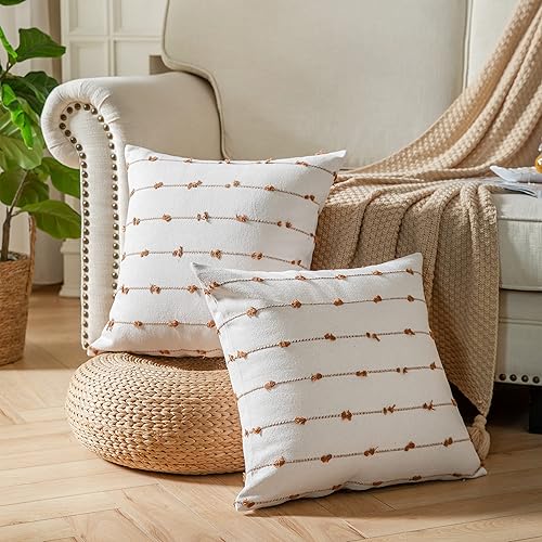 Miniatura 4 de Caflife Fundas de almohada bohemias de 18 x 18 pulgadas color beige y marrón juego de 2 fundas de almohada decorativas modernas de granja para sofá