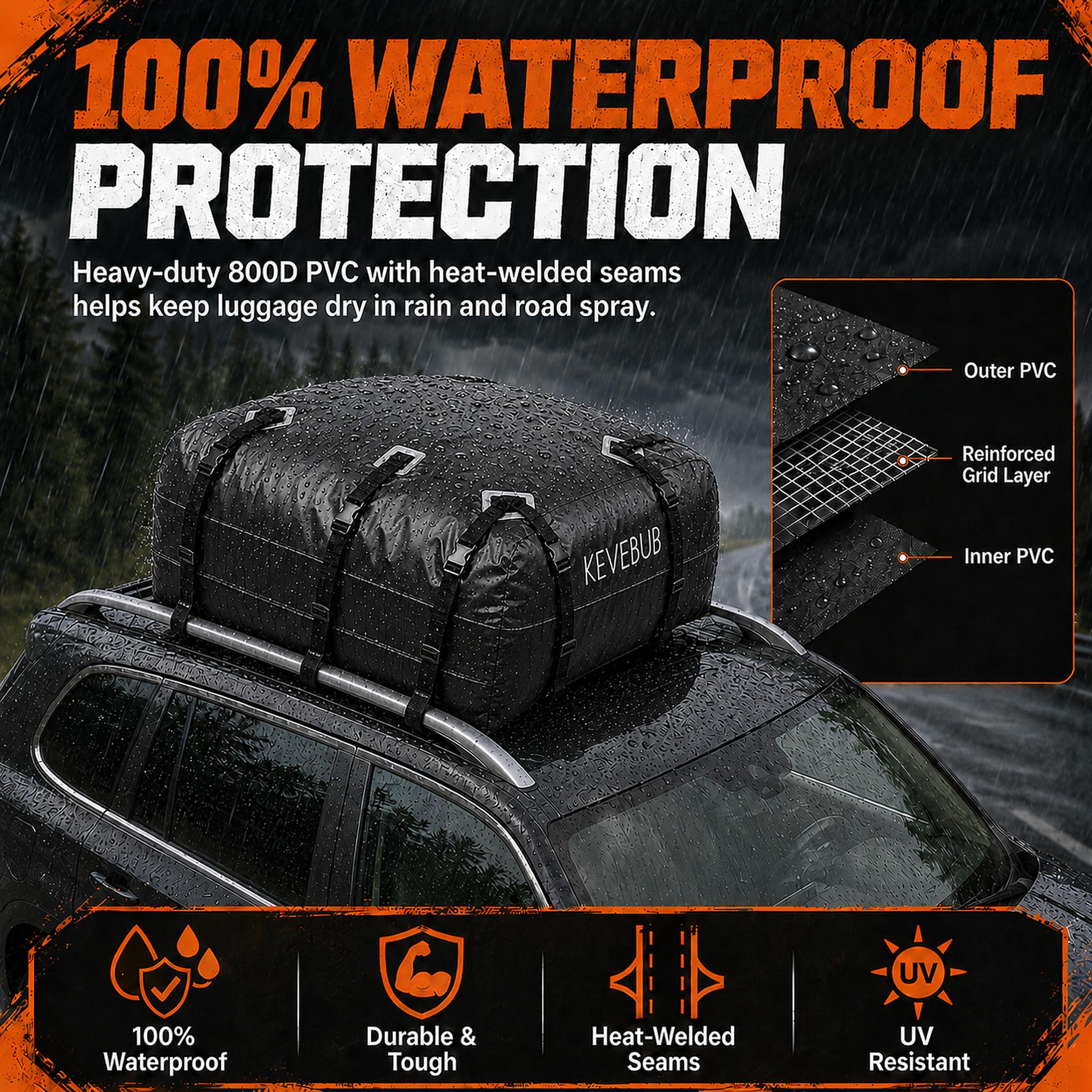 Autodachtasche 600L/21 Cu Ft wasserdicht, Faltbare Dachbox Auto aus 800D PVC, für Fahrzeuge mit/ohne Dachträger, mit Antirutschmatte, 6 Türhaken, Zahlenschloss & Tragetasche