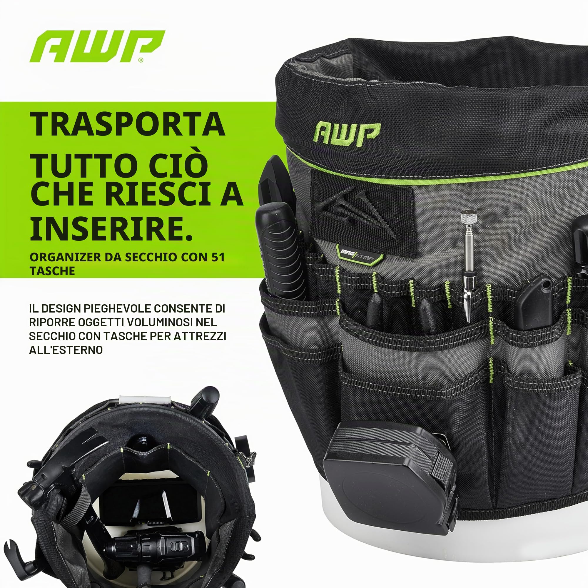 AWP 51-Pocket Bucket Tool Organizer for Easy Tool Access, Fits Most 5-Gallon Buckets, Water-Resistant Construction