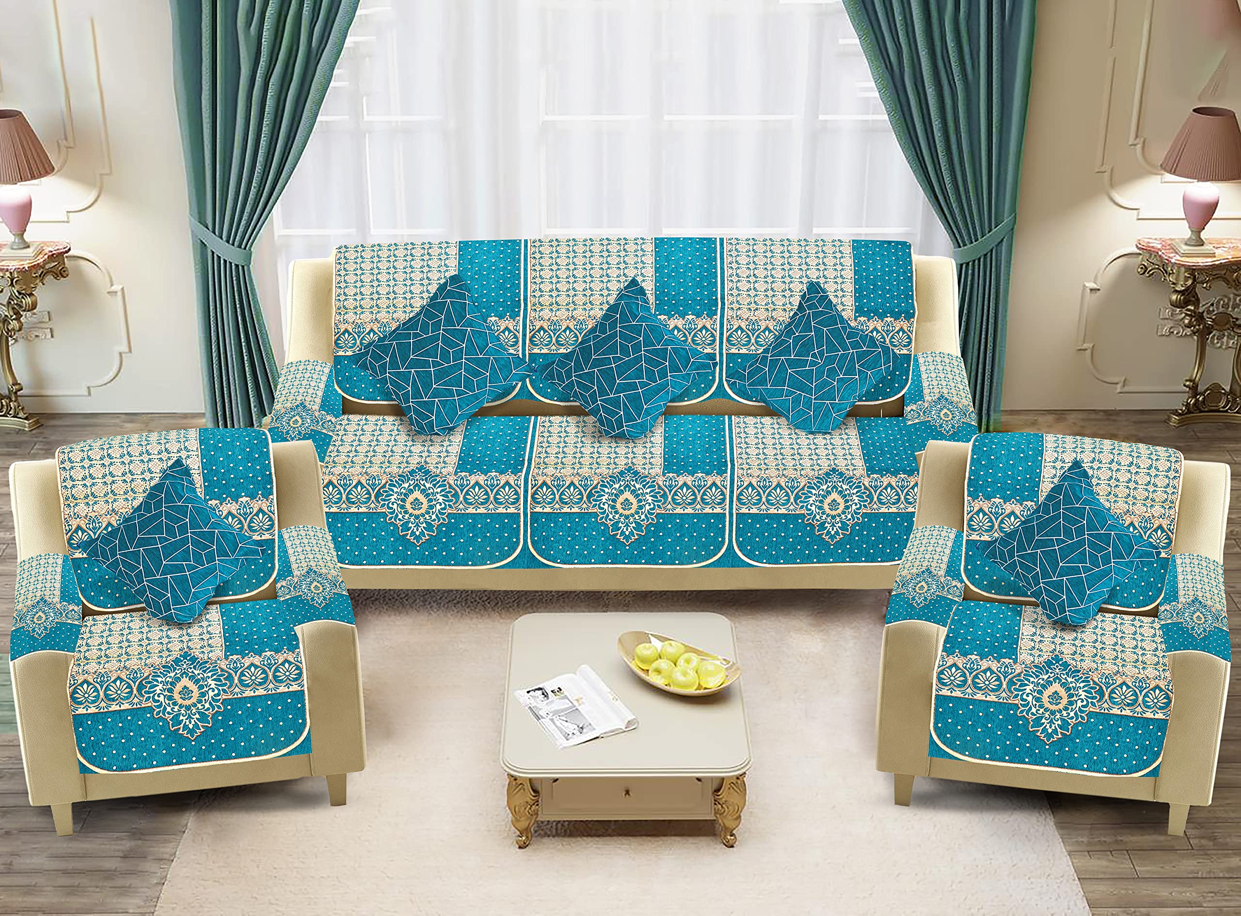 Velvet Sofa Cover with Arm Cover and Cushion Covers Set of 5 Seater - Sofa Covers 3 Seater and 2 Seater Full Cover Set for Couch Seat - Heavy Fabric Sofa Slip Protector, 1003_Aqua-image-48