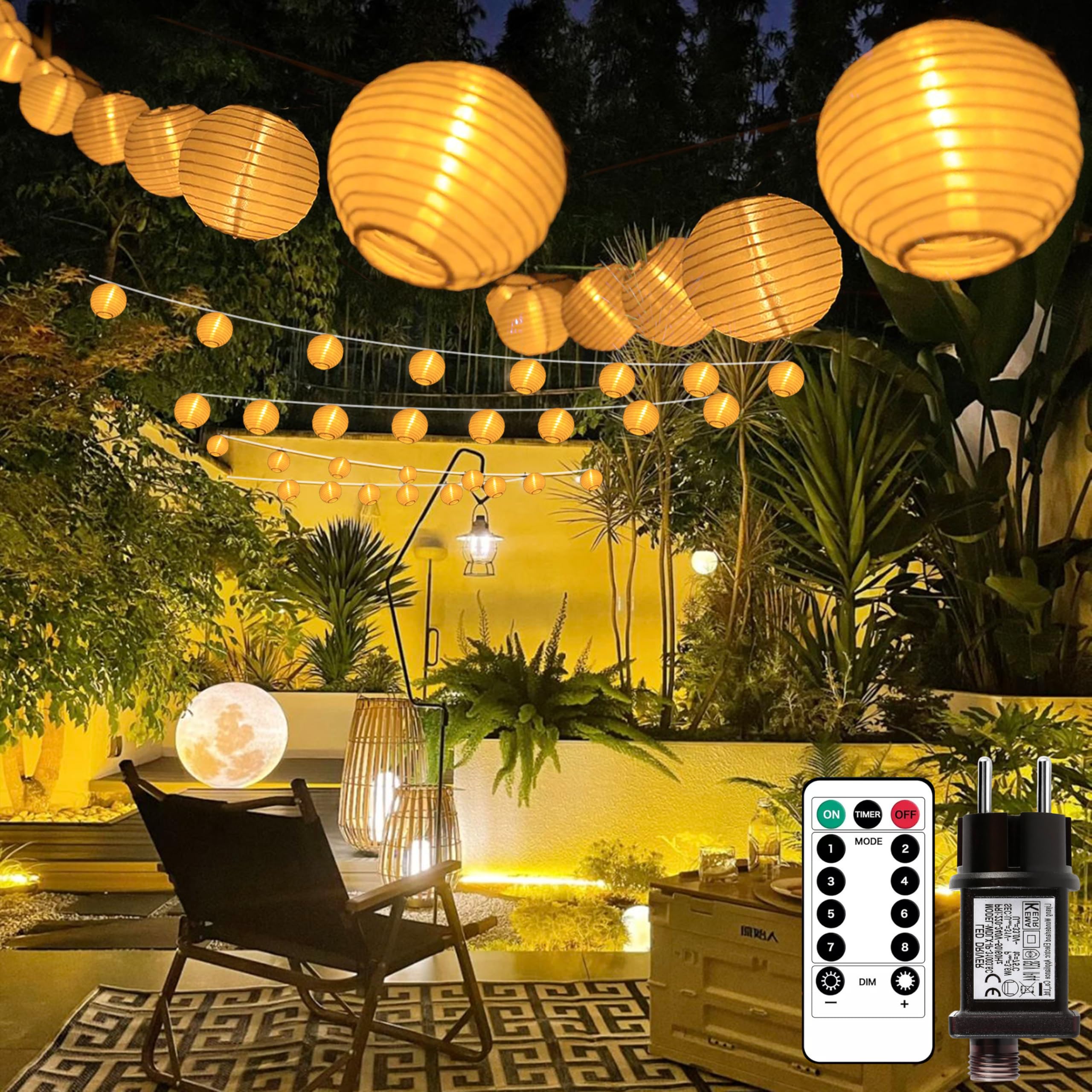 Lampions Lichterkette Außen mit Netzstecker, 11M 30LED mit 8 Modi & Timer, Warmweiß Lichterkette Lampion mit Fernbedienung, Outdoor Laterne Beleuchtung Wetterfest für Terrasse Balkon Garten Hof