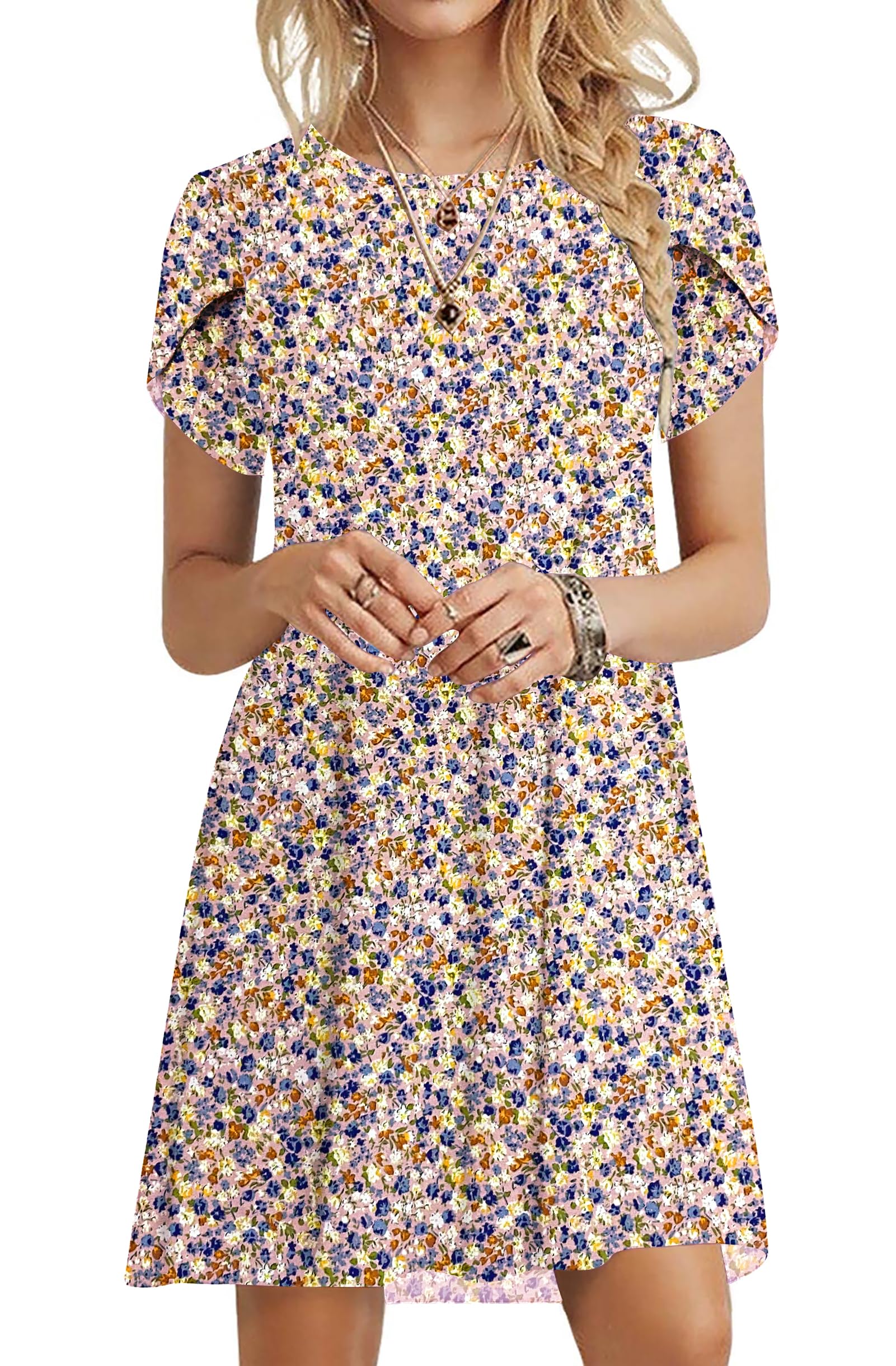 PLOKNRD Sommerkleid Damen Blütenblatt Ärmel T-Shirt Kleid Rundhals Blumenmuster Freizeitkleid Leicht und Luftig mit Taschen