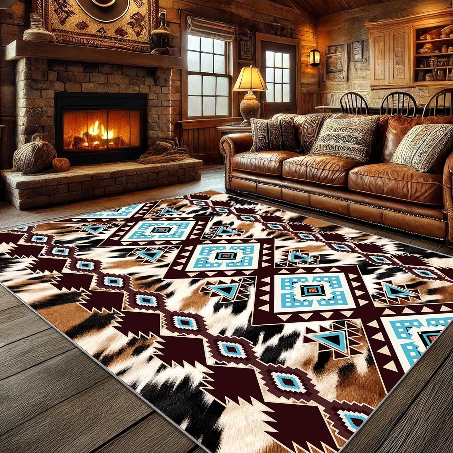Southwestern Aztec Rugs 3x5 - Cowhide Print Area Rug, Non-Slip & Machine Washable Carpet for Western Living Room, Bedroom, Dining Room & Rustic Decor
