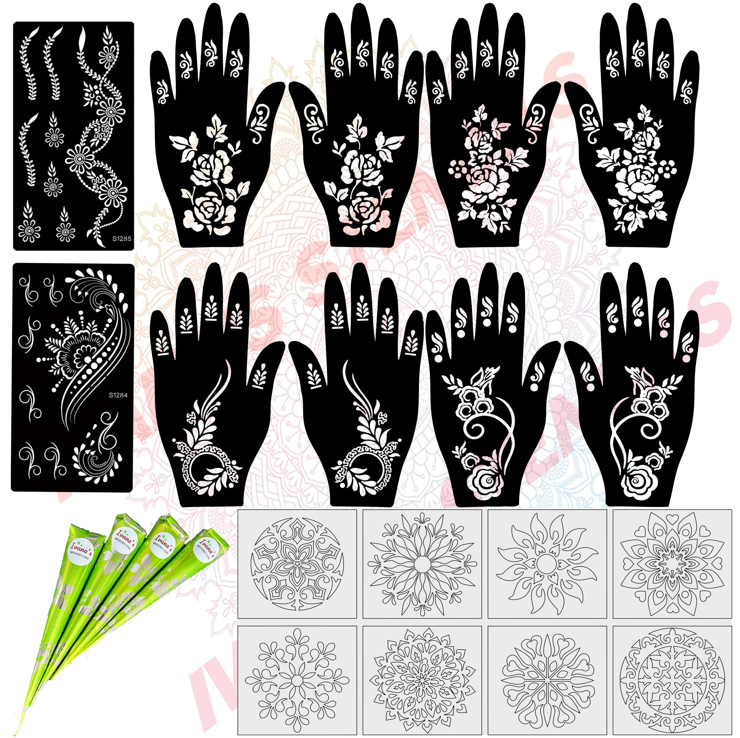Ivana's Mehndi Tattoo Stencil Mehndi Design for Hands Set of 22 pc Combo Pack with Mehandi Cone 4 Pcs,8 Pcs Reusable Stencils for Women, Girls and Kids, Easy to Use in Just 4 Simple Steps- CPM-2023-image-30