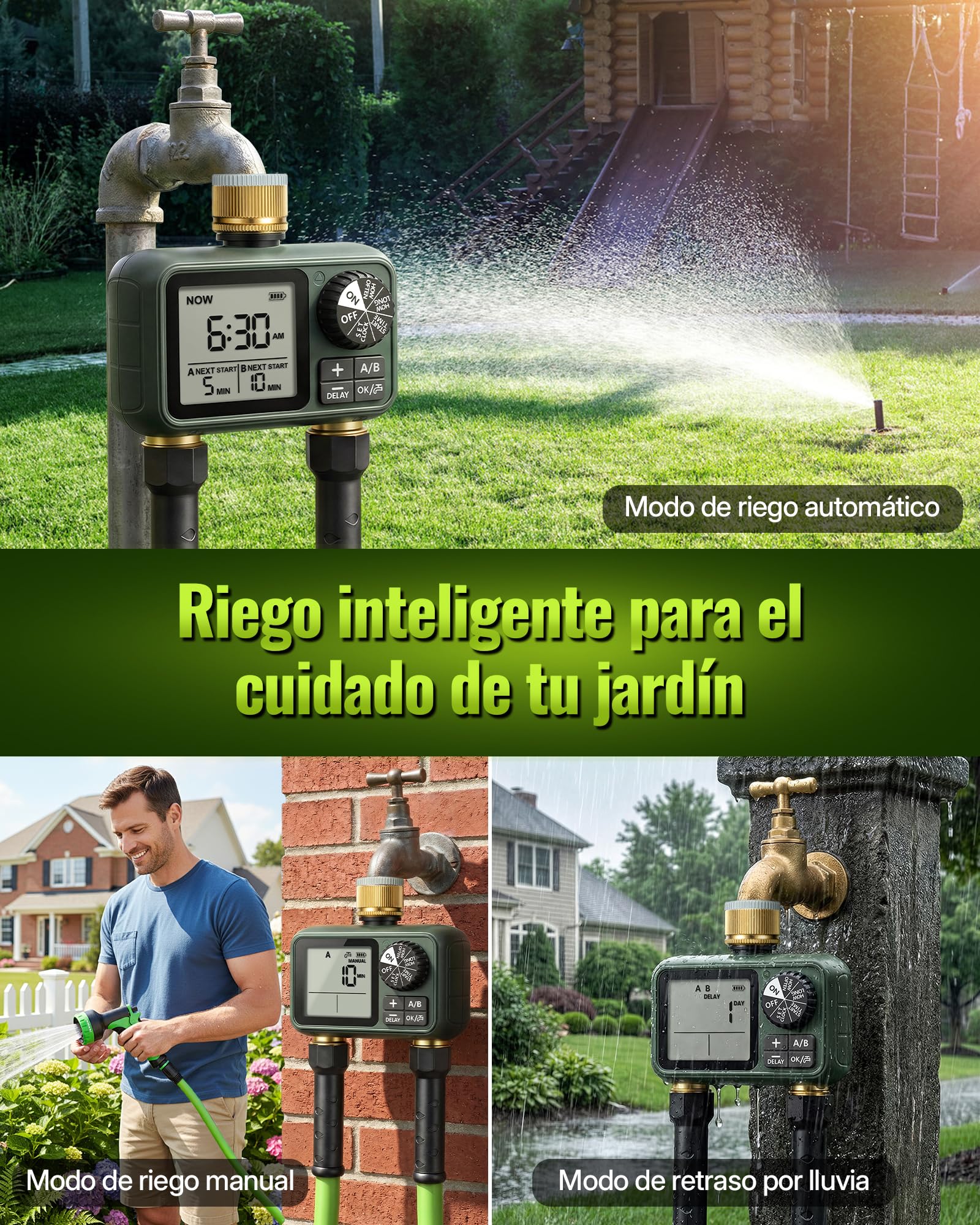 2 Valve Irrigation Programmer, Automatic Irrigation Computer, Timer for Garden Hose Tap, Rain Delay Function, Patio and Lawn, Dark Green — view 7