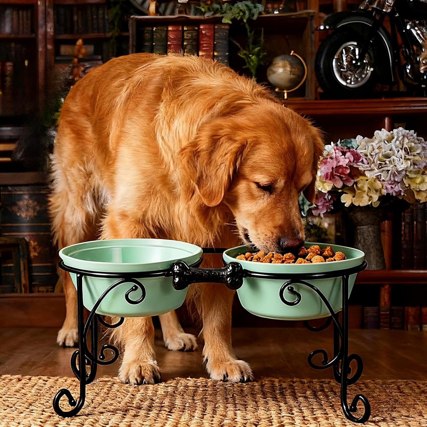Elevated Dog Bowl Stand with 3 Large Ceramic Bowls – Raised Feeding Station for Medium & Large Dogs, Includes 2 Standard Bowls + 1 Slow Feeder, Durable Iron Frame, Non-Slip (Lucite Green)