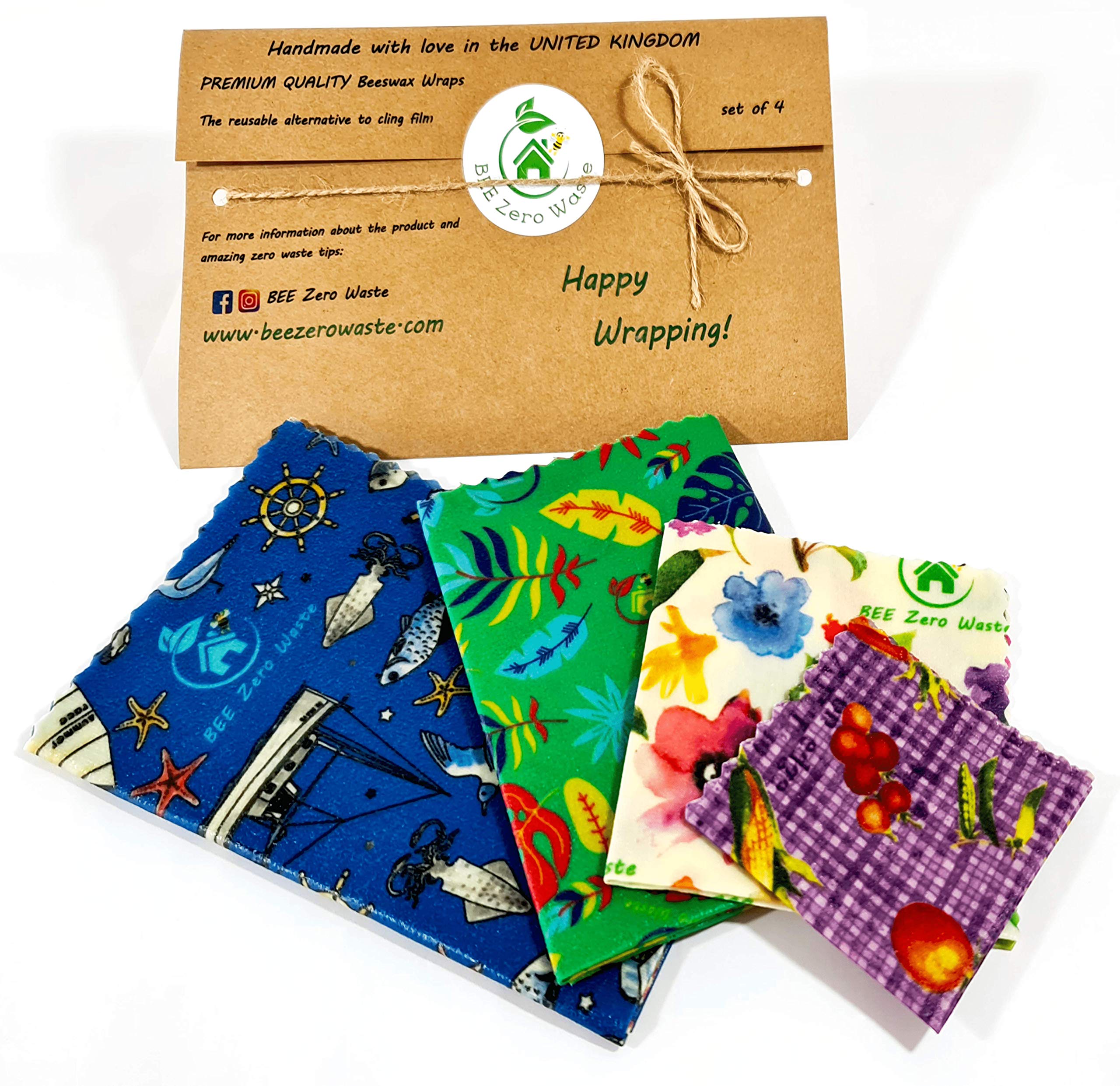 BEE Zero Waste, Bees Wax Food Wraps, set of 4, Random Colours,Handmade in England, Natural alternative to cling film, plastic free eco lids, reusable food wrap