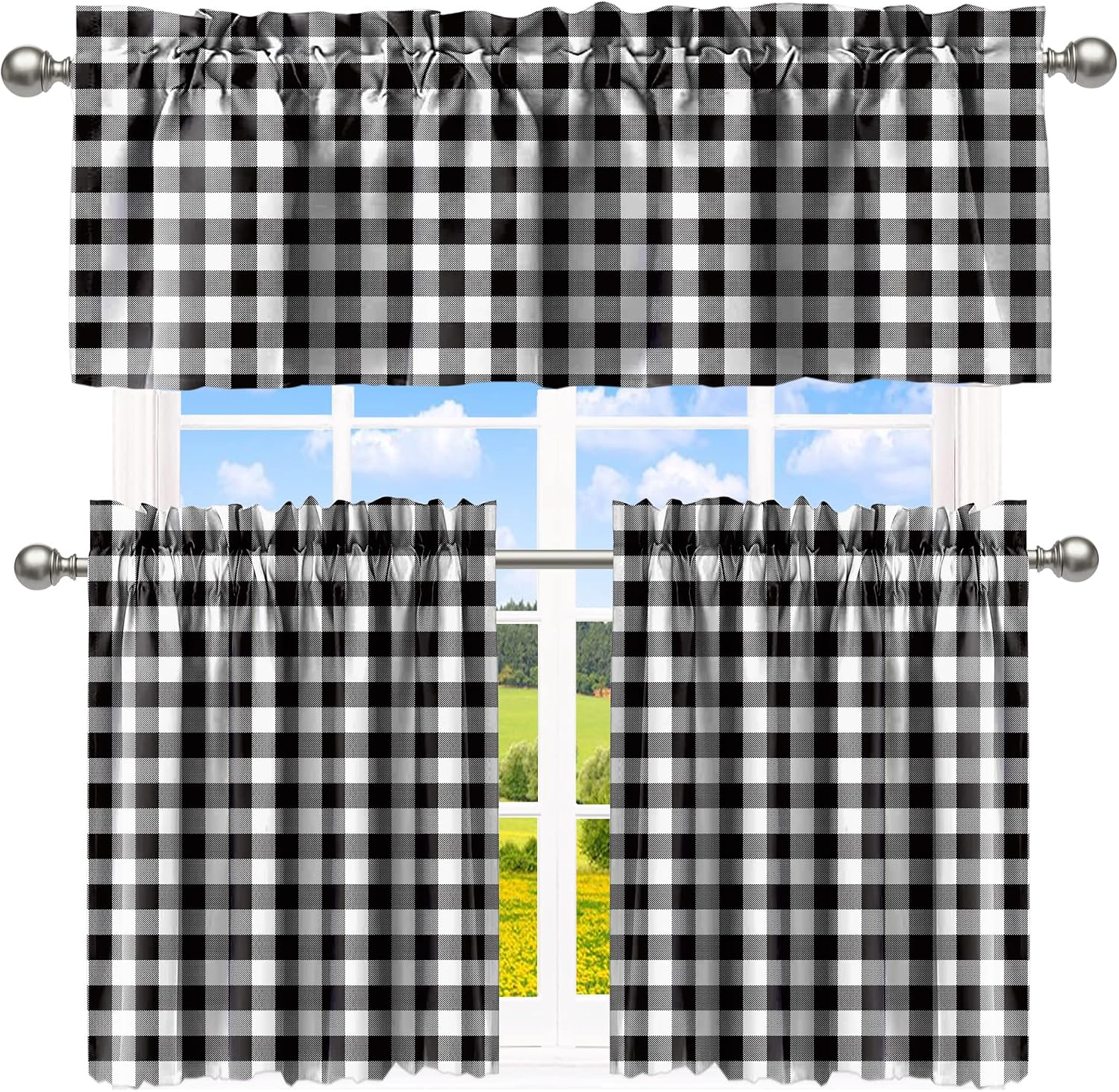 Buffalo Check Tiers and Valances Set Black and White Farmhouse Kitchen Window Curtain Rod Pocket Window Treatment Decor Curtain