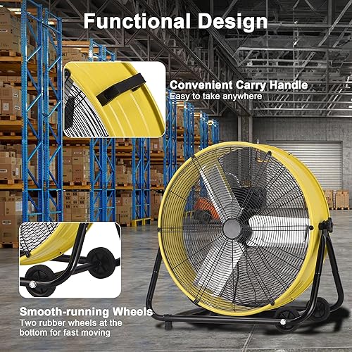 Miniatura 6 de Ventilador de tambor industrial de 24 pulgadas, ventilador de piso de alta velocidad de 8800 CFM, resistente, 3 velocidades, inclinación totalmente