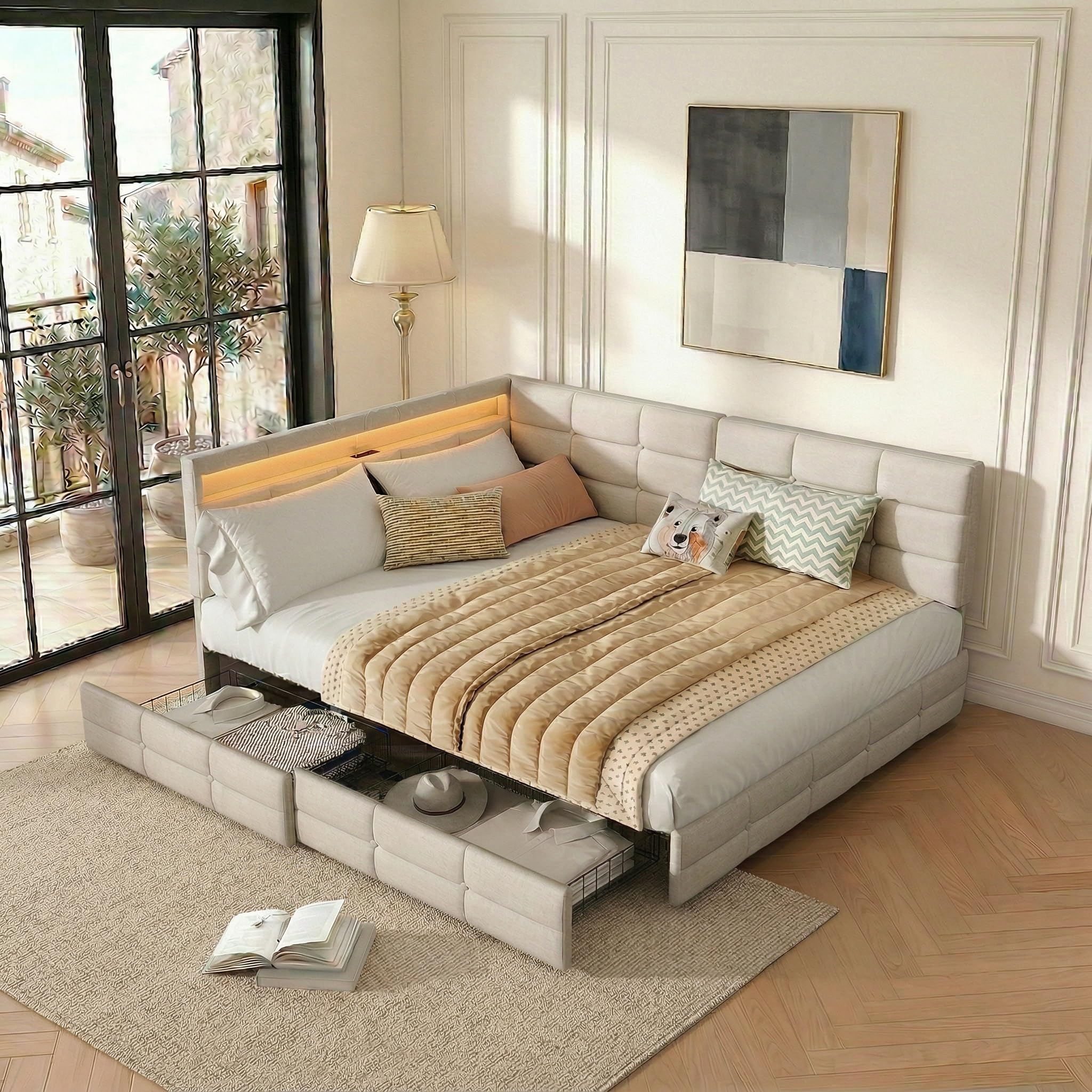 Divano Letto in Lino 140x190cm, Fresco Naturale,con 2 cassetti | Lino anticaldo, cassetti ruote, rete a doghe, presa UE+LED, beige,per adulti/ragazzi in camera/soggiorno. (Nessun materasso)