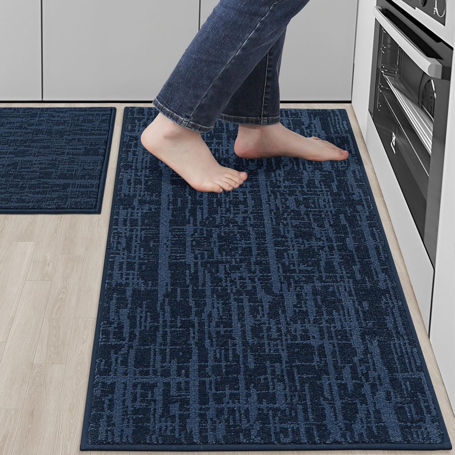 COSY HOMEER Kitchen Rugs 20"x32"+20"x48" Absorbent Soft Kitchen Mats for Floor Non Slip Kitchen Runner Rug Polyester Washable Kitchen Floor Mats for Sink Mat,Hallway,Laundry,Navy Blue