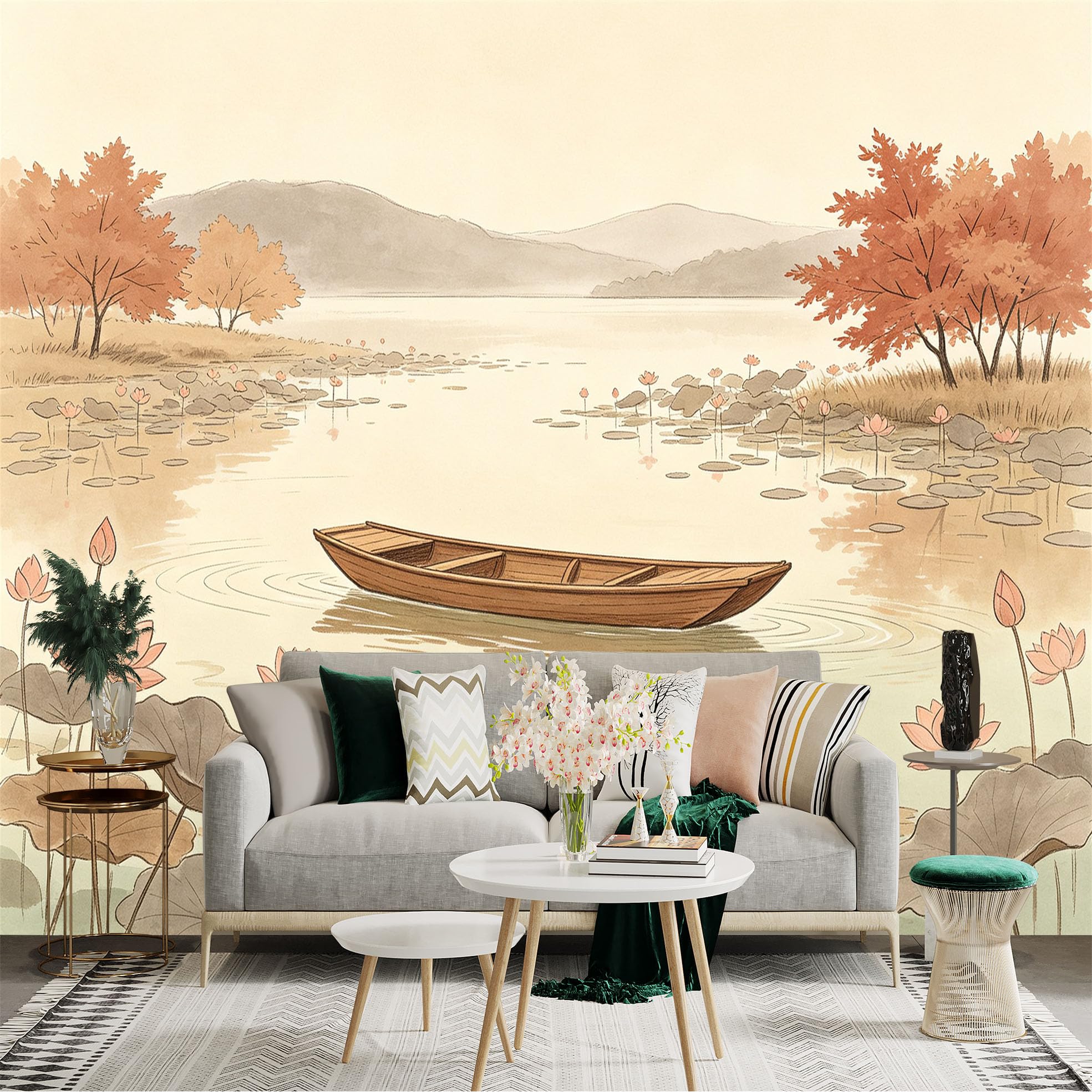 Custom Size Wall Sticker Mural， Wooden Boat on Calm Lotus Pond， Serene Watercolor Landscape， Peaceful Nature Scenery， for wall Decoration， peelandstick wall Decals.