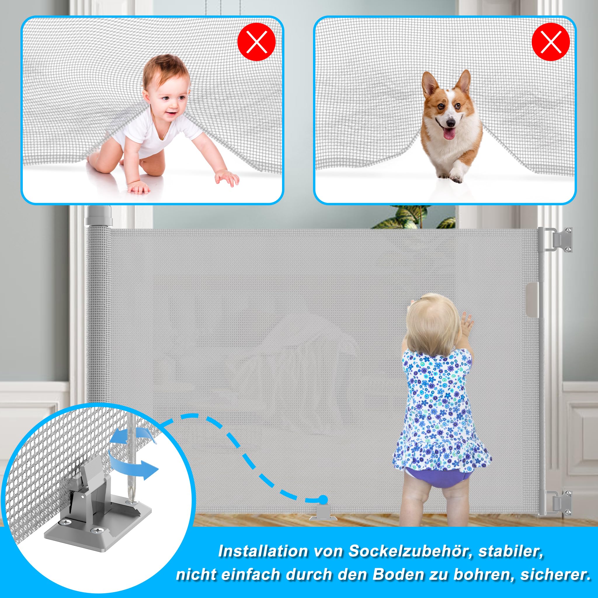 LZQ Rejilla de Seguridad, Valla de Protección para Puerta para Bebés y Mascotas, 0-300 cm, 87 cm de Alto, Adecuado para Escaleras, Puertas, Interiores y Exteriores, Gris