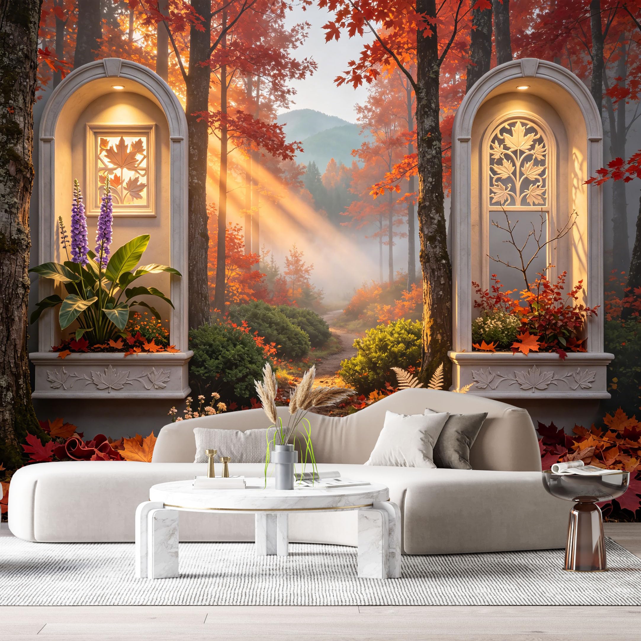 Custom Size Wall Murals Autumn Forest Landscape 3D Trompe L'Oeil Archway Maple Leaves SelfAdhesive Wall Fabric Removable Large Wallpaper for Photo Living Room