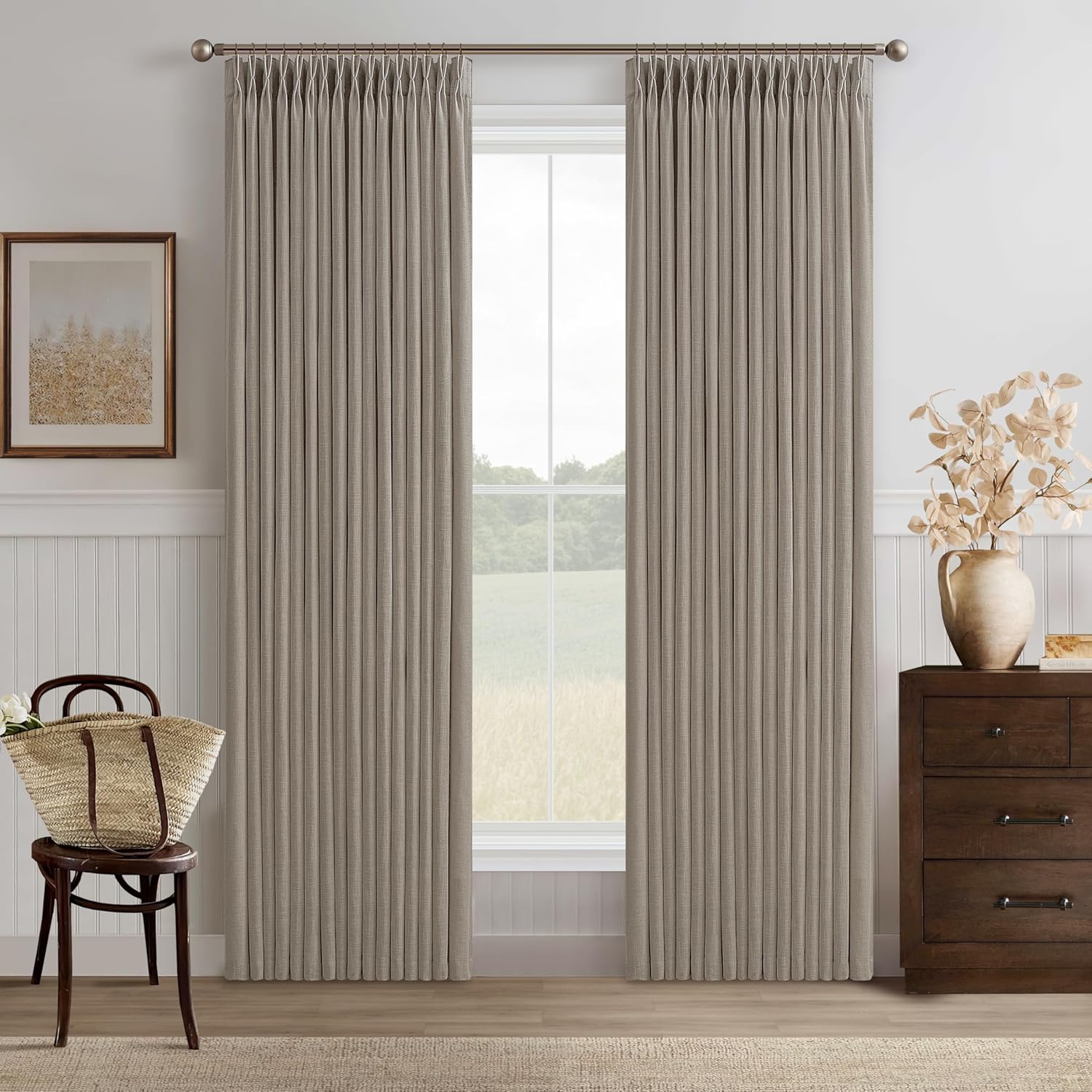 Burlap Flax Linen Curtains Pinch Pleated 92 Inch Long 2 Panels for Living Room Bedroom Taupe Thick Linen Textured Semi Sheer Rustic Farmhouse Boho Back Tab Pleat Drapes Floor to Ceiling Curtains Burlywood Birch 50"W x 92"L (Pack of 2)