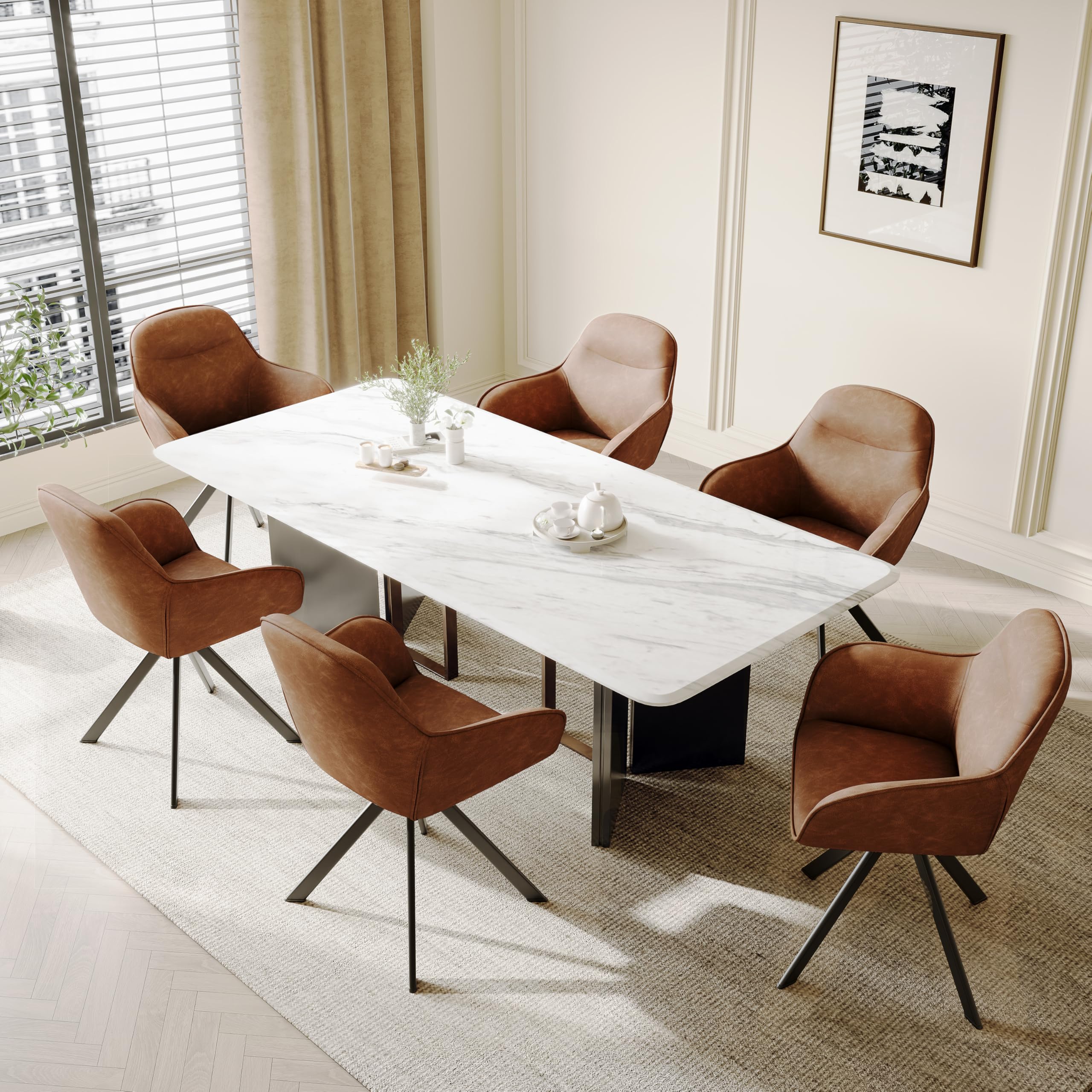 Pack de 2 Sillas de Comedor Giratorias con reposabrazos, Silla Giratoria 360°, Silla en Piel sintética, Silla de Oficina o Cocina, Marrón