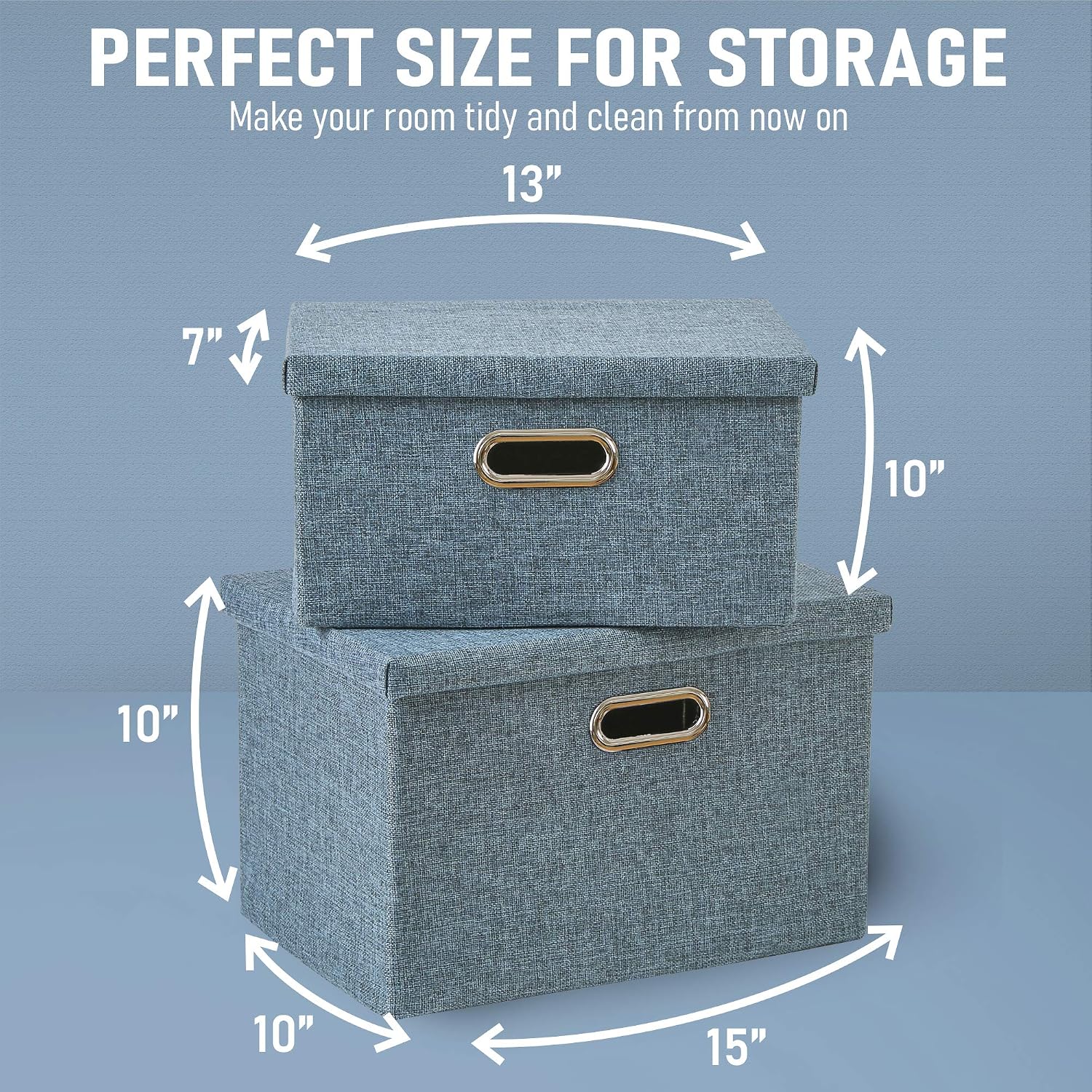Enzk&Unity Foldable Lidded Storage Bins Cube Linen Fabric Storage Basket with Handle Organizer Box Containers for Shelf Home Office Closet Nursery, 2 Pack, LakeBlue