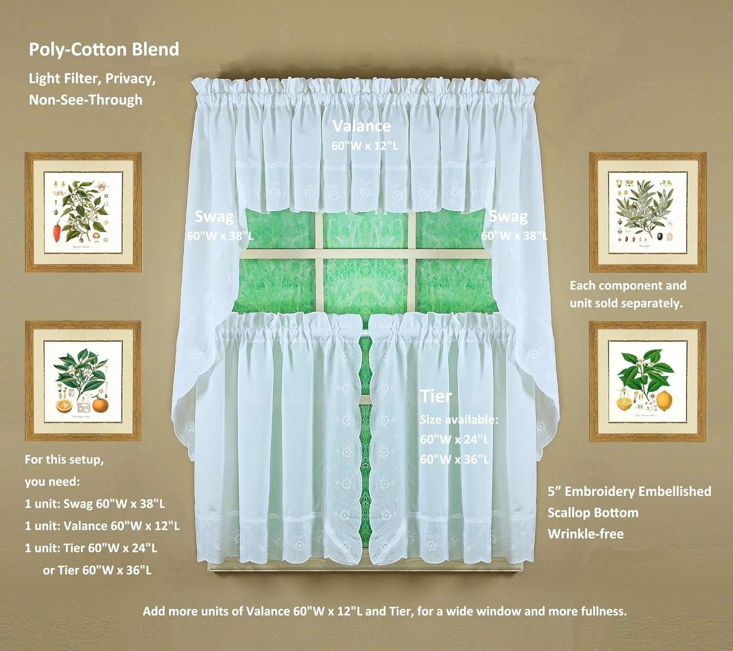 Today's Curtain, Candlewick Embroidery Tier 36", White, 60" W x 36" L