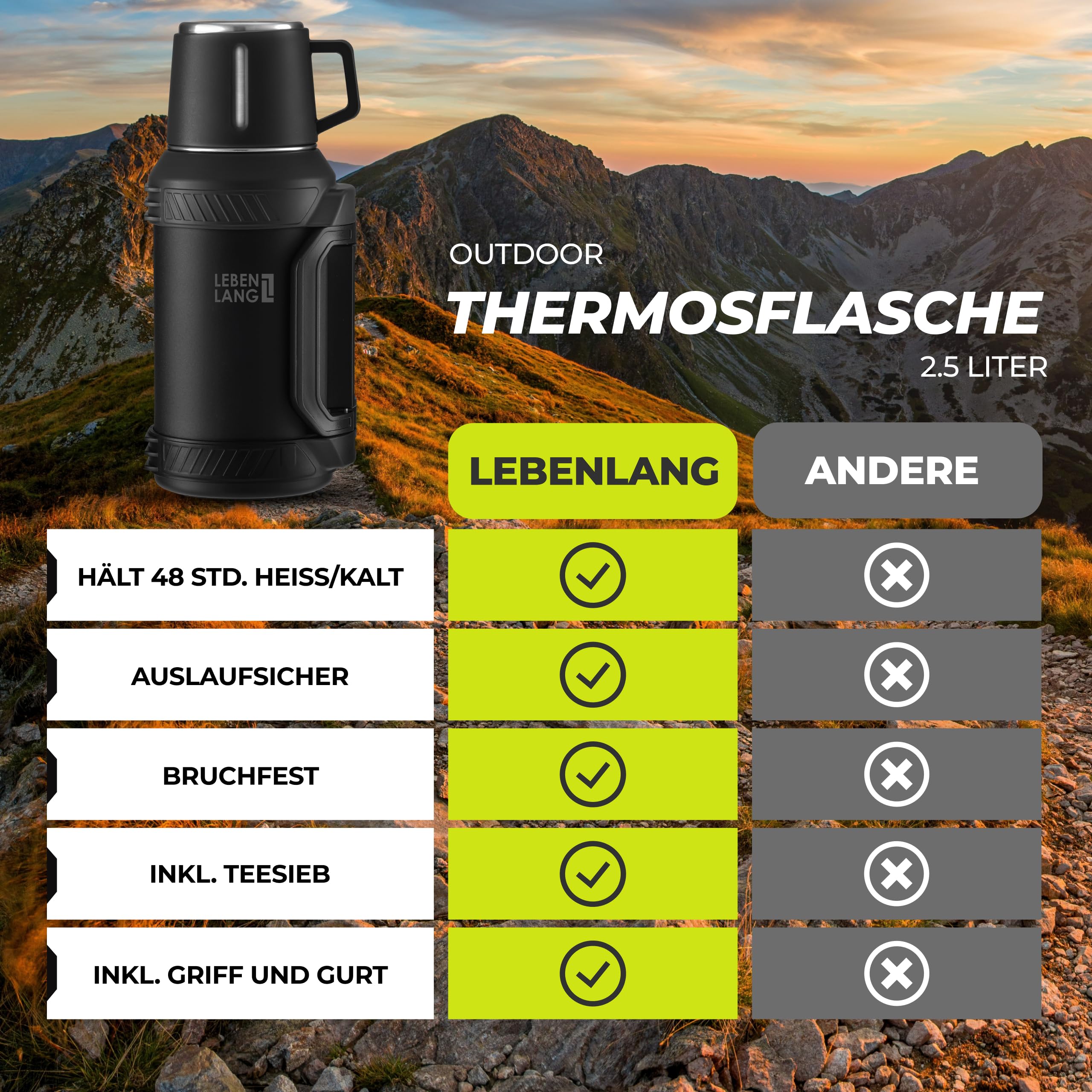 LEBENLANG Thermosflasche 2,5 Liter - 24h Heiß & Inkl. Becher & Teesieb | Trinkflasche Thermobecher 2 5 Liter Thermoskanne I Tragegurt I Getränkeflasche Edelstahl Termoflaschen Isolierflasche Thermo