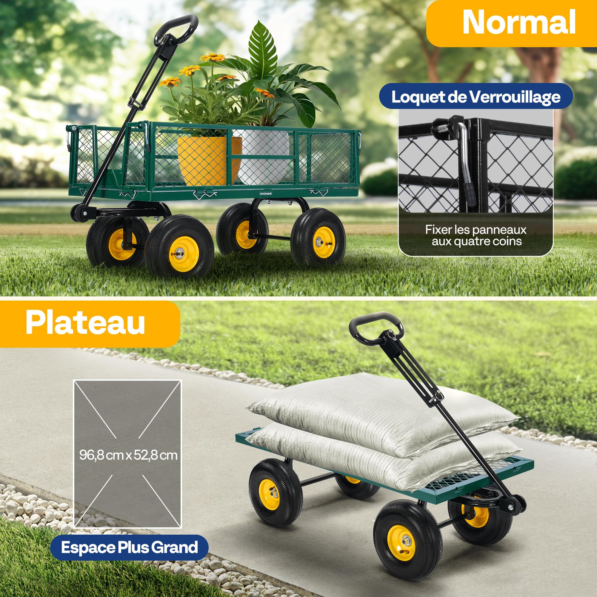 VIVOHOME Chariot de Jardin Capacité de Charge 410kg, Chariot de Transport Tout Terrain avec Pneus 25,4cm et Poignée Convertible, pour Jardinage ou comme Remorque Vert