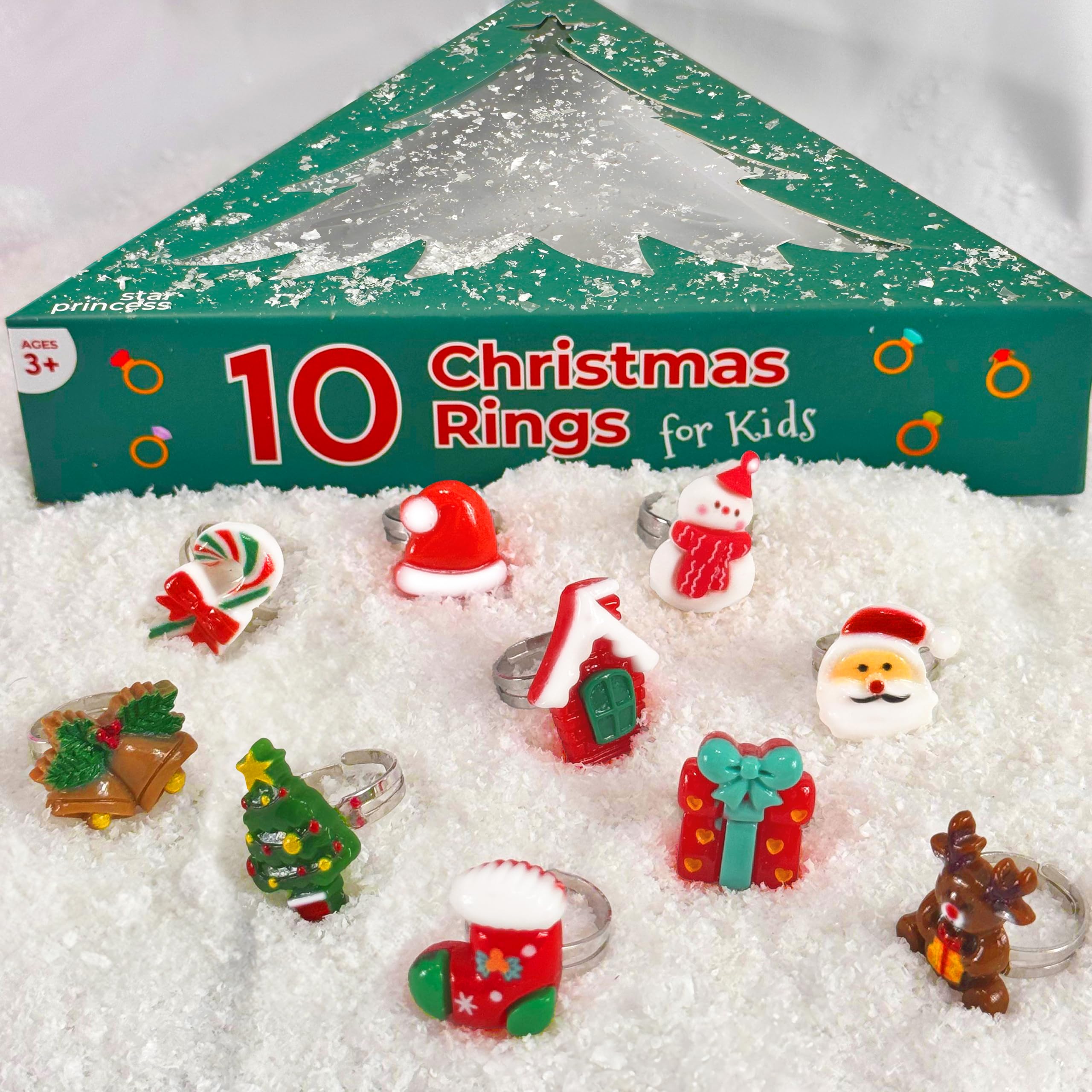 Set di 10 anelli per calza di Natale, regolabili a tema natalizio, in confezione regalo con albero di Natale, Plastica, nessuna pietra preziosa, per ragazze da 3 a 8 anni