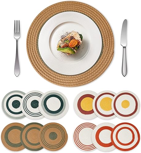 Miniatura 1 de Juego de 12 manteles individuales redondos tejidos de 13.5 pulgadas, juego de manteles individuales grandes de cuerda de algodón, estilo bohemio,