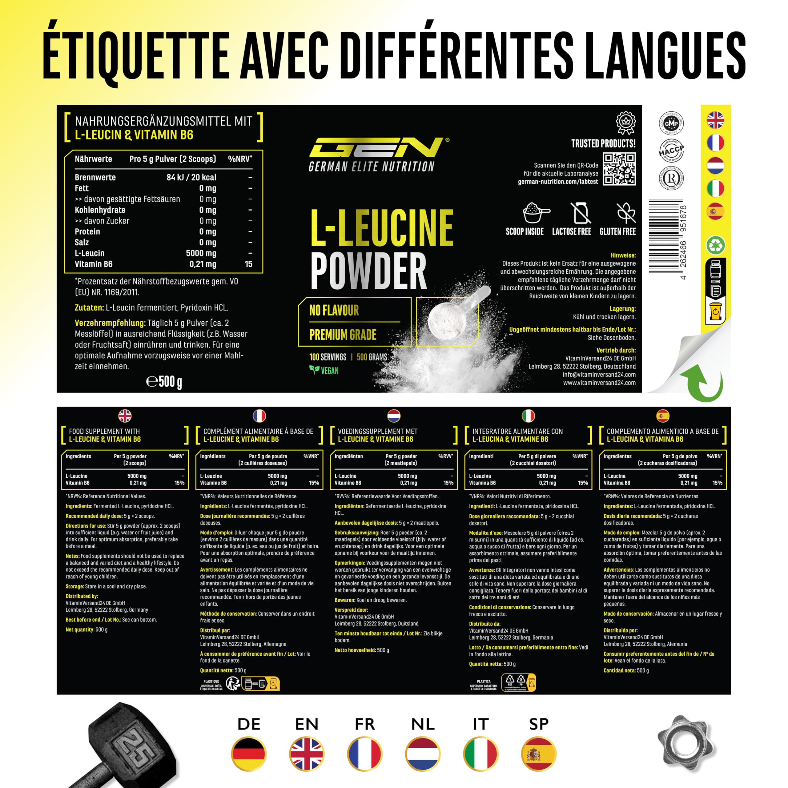 Leucine - 500 g de poudre - Haute pureté - Matière première de première qualité : L-leucine naturelle fermentée - Acide aminé - Sans additifs indésirables, végétalien