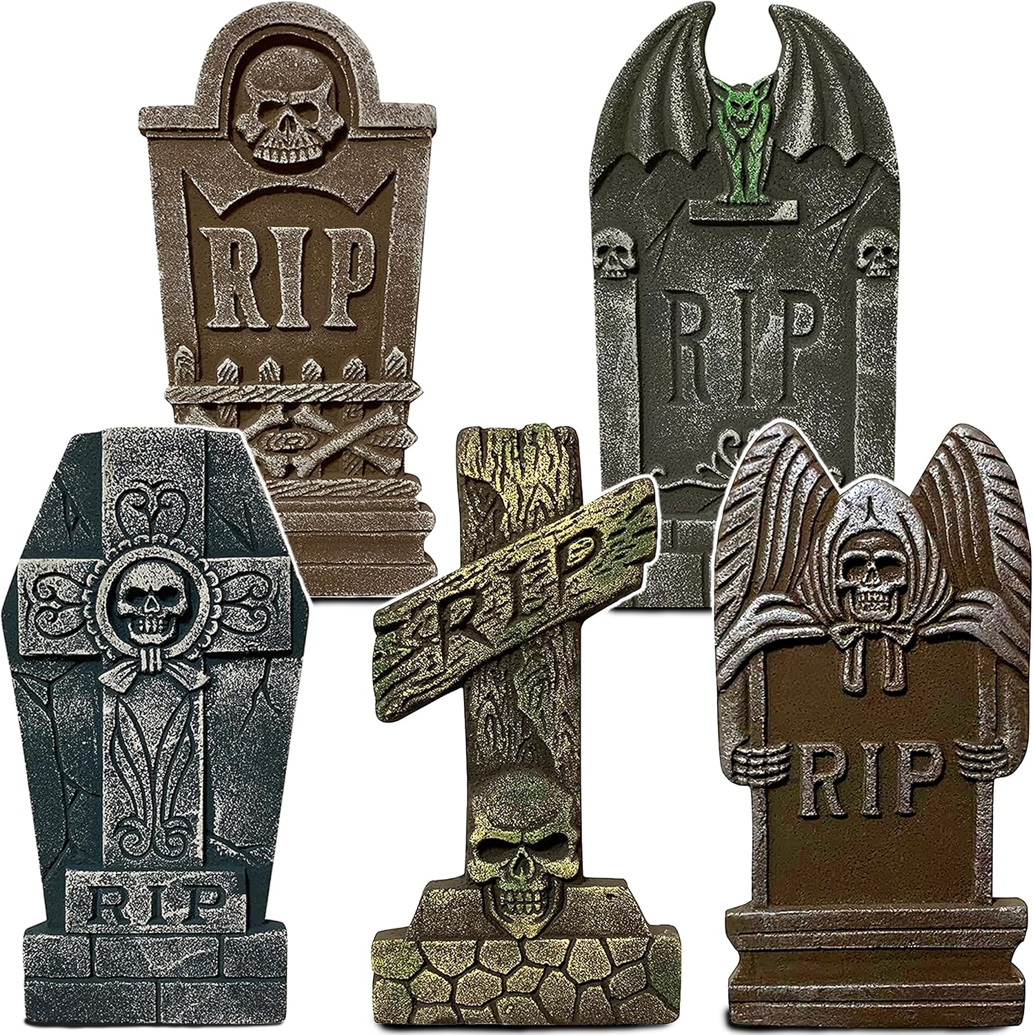 Homily Halloween Foam Graveyard Tombstones, 5 Piece Realistic Scary Headstone Decorations with 10 Metal Stakes for Outdoor Yard Decor