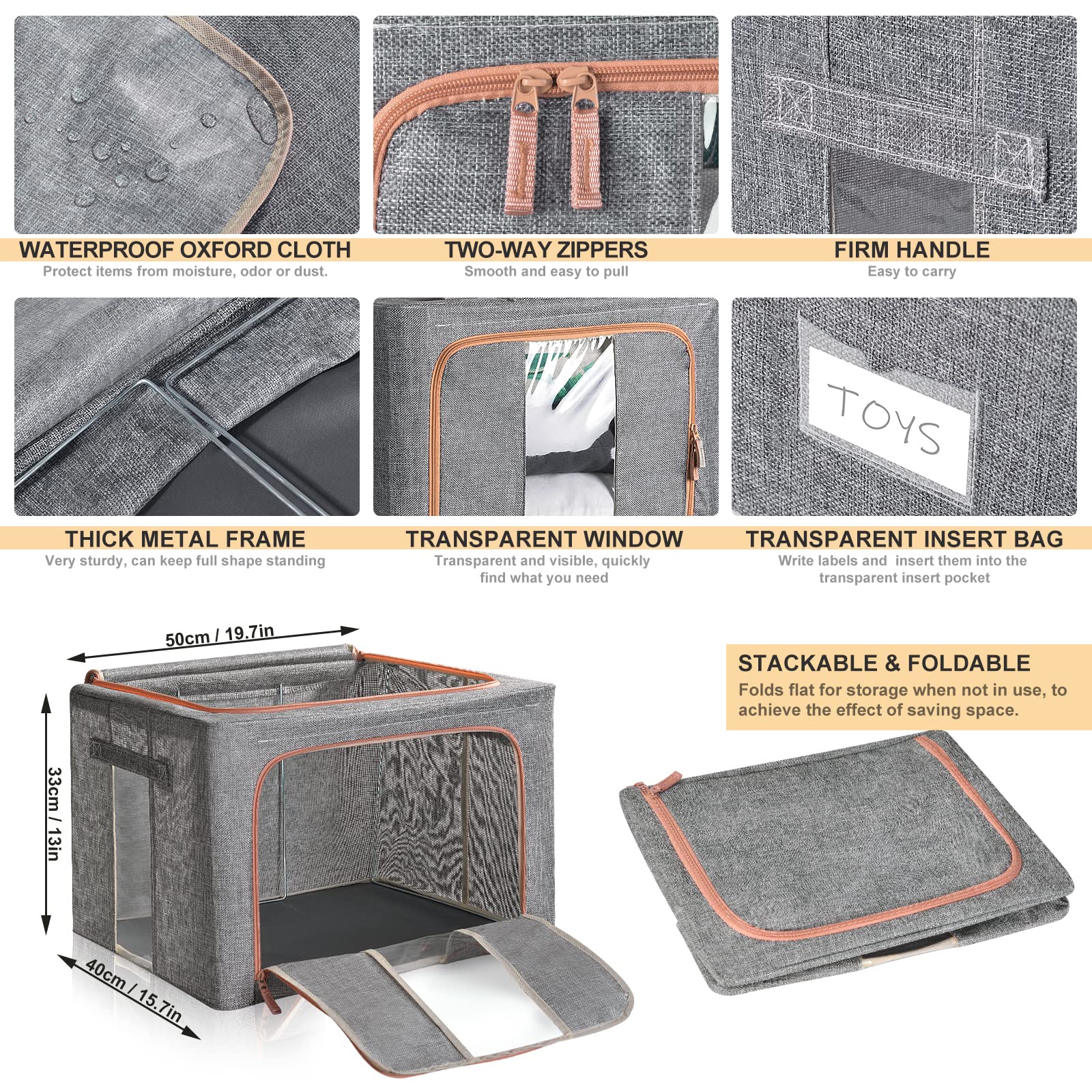 Hivexagon Bolsa de almacenamiento de ropa, Conjunto de organizadores Plegables para Bolsas -Soporte de Metal Incorporado, Cremallera de doble apertura, Lino de algodón grueso 3x66L