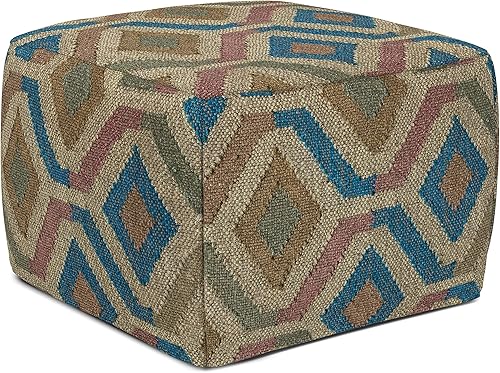 SIMPLIHOME Johanna - Puf redondo bohemio con patrón de yute multicolor para sala de estar, habitación familiar, dormitorio y habitación de los