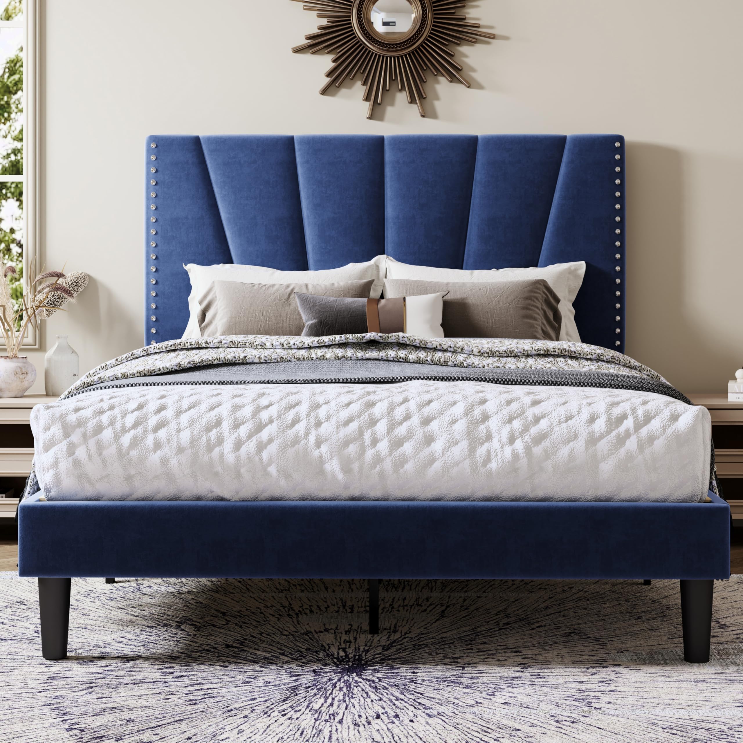 Allewie Queen Size Velvet Platform Bed Frame with Adjustable Headboard Blue
