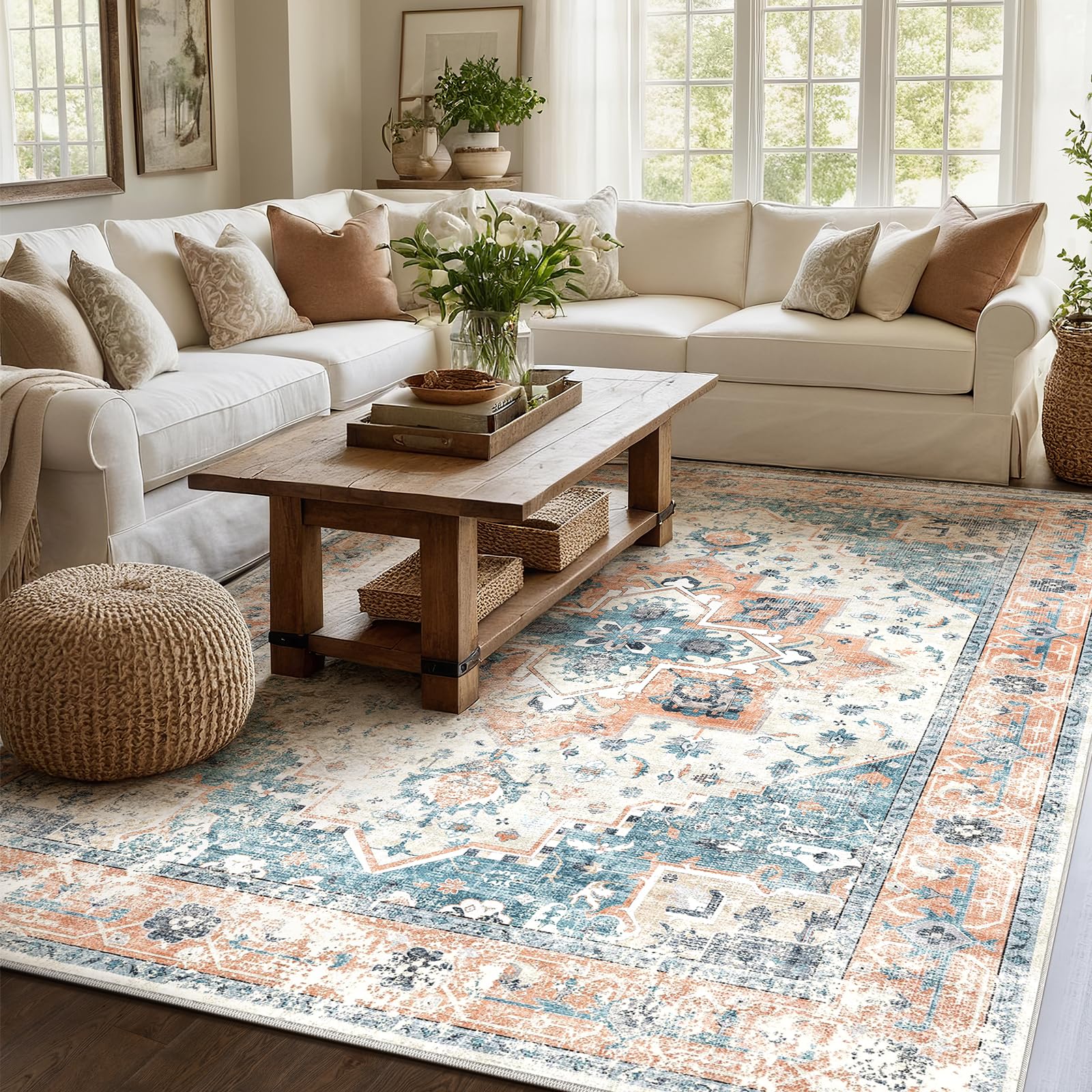 XSIVOD Area Rugs for Bedroom Living Room, Blue Washable Rugs for Entryway Kitchen Mat, Non Slip Bedside Vintage Rug, Soft Oriental Rug Accent Floor Carpet for Home Decor, 120 x 180 cm