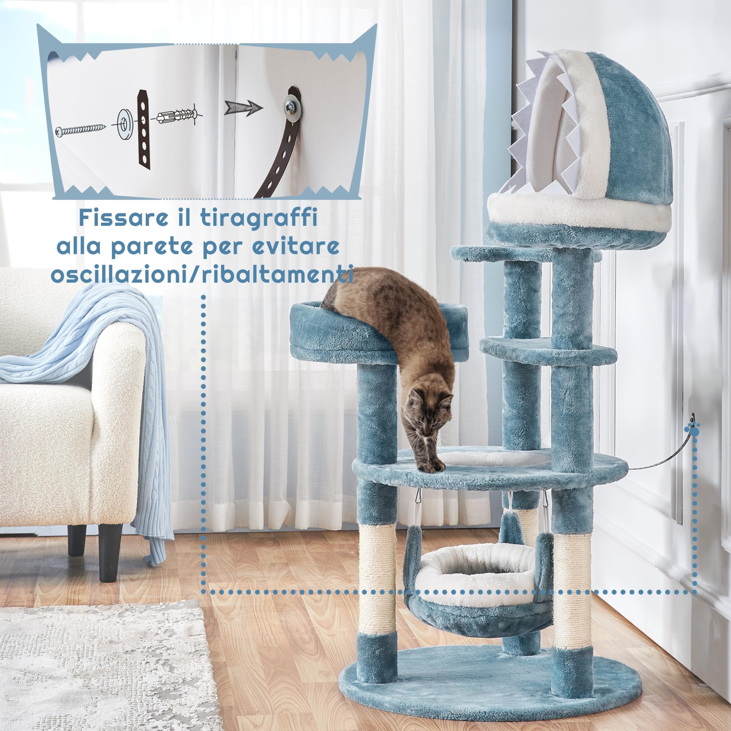 Yaheetech Albero Tiragraffi per Gatti 115 cm con 2 Posatoi Amaca Cuccia a Forma di Squalo Corda di Sisal Naturale Stile Oceano Gioco Blu Bianco