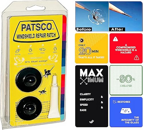 Patsco Kit de reparación de grietas para parabrisas (2 unidades) innovador parche de reparación de cristales para reparación de rocas o grietas -