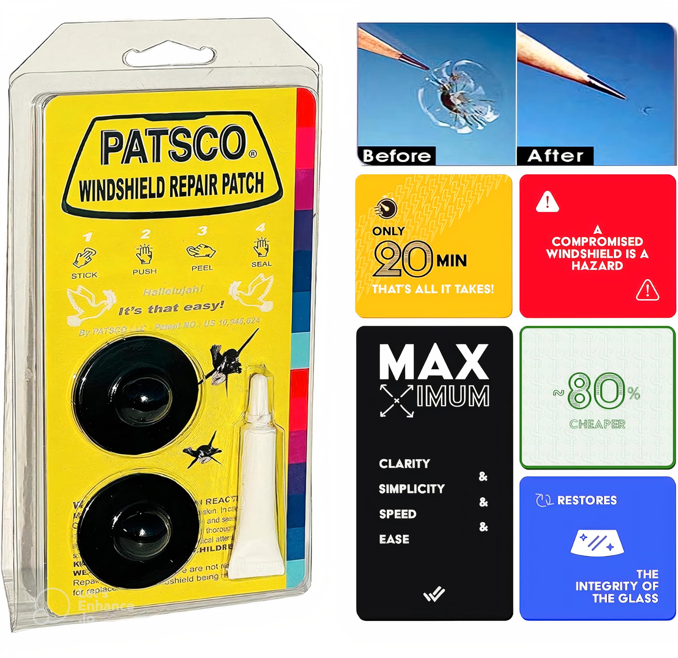 Patsco Windshield Chip Repair Patch (2pk) Innovation Through Simplicity, No Injectors Needed - JUST Patch IT - Easy DIY Auto Glass Chip and Crack Repair Kit - Restores Cracked Windshield Integrity.
