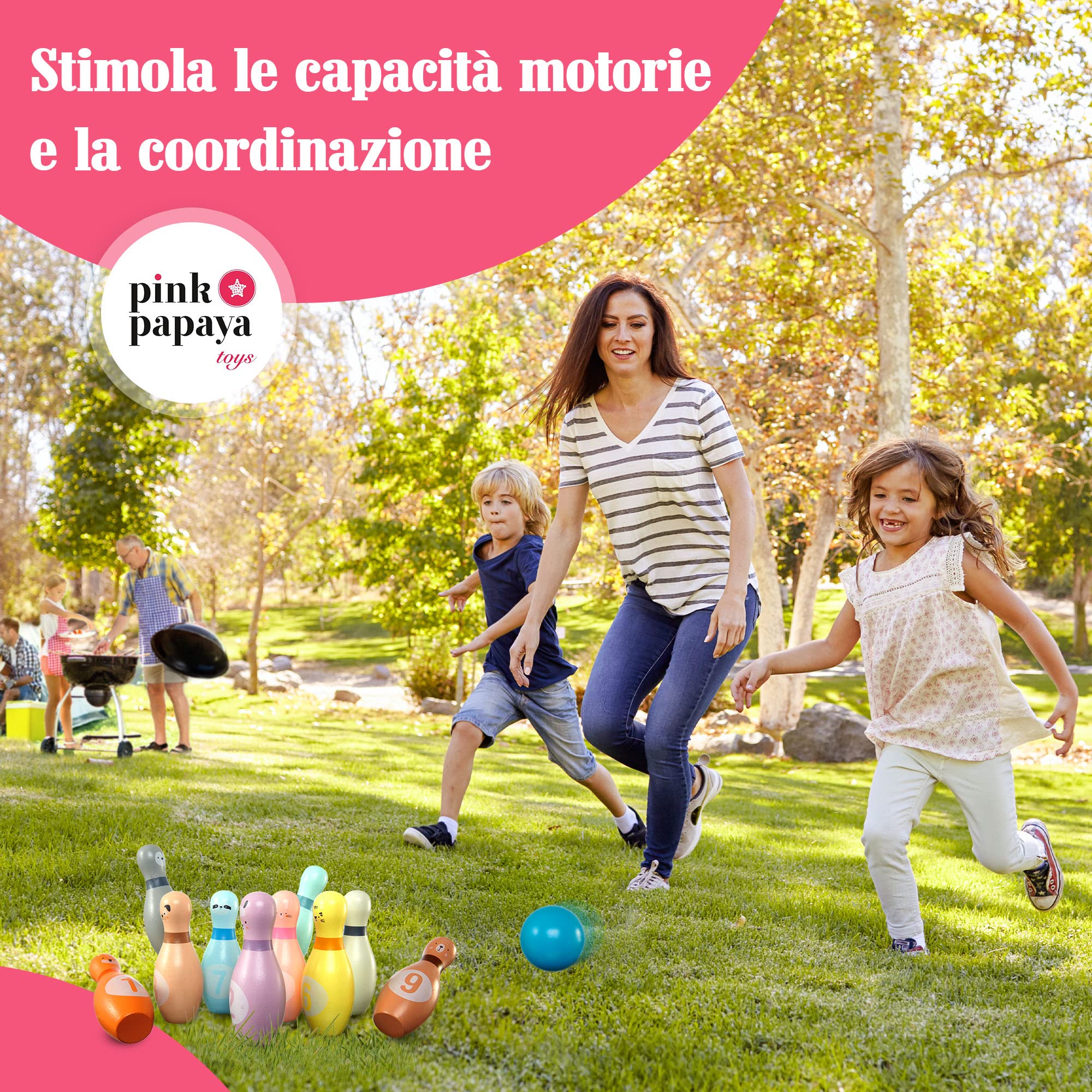 Pink Papaya Birilli Bowling per Bambini | Set da 12 Pezzi per Maschi e Femmine | Giochi in Legno Certificato FSC | Giocattoli da Interno ed Esterno | Giochi Educativi