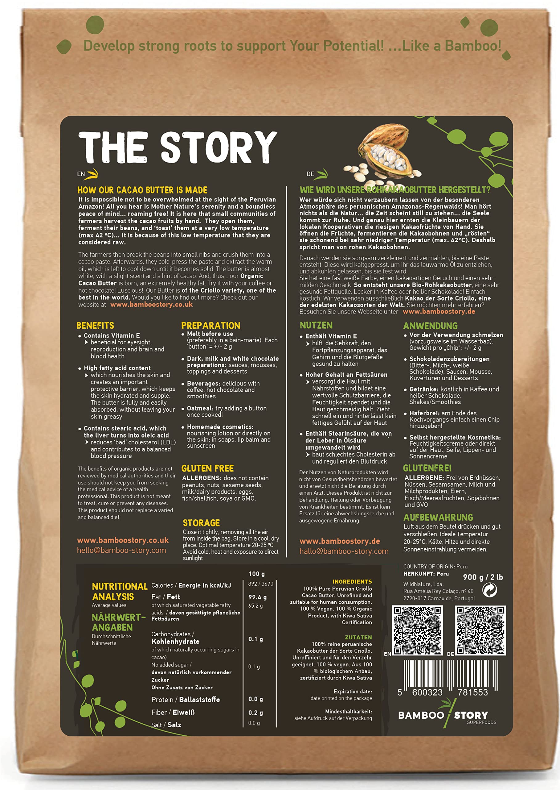 BAMBOO STORY Kakaobutter Kakaochips Criollo 900g 100% Reine