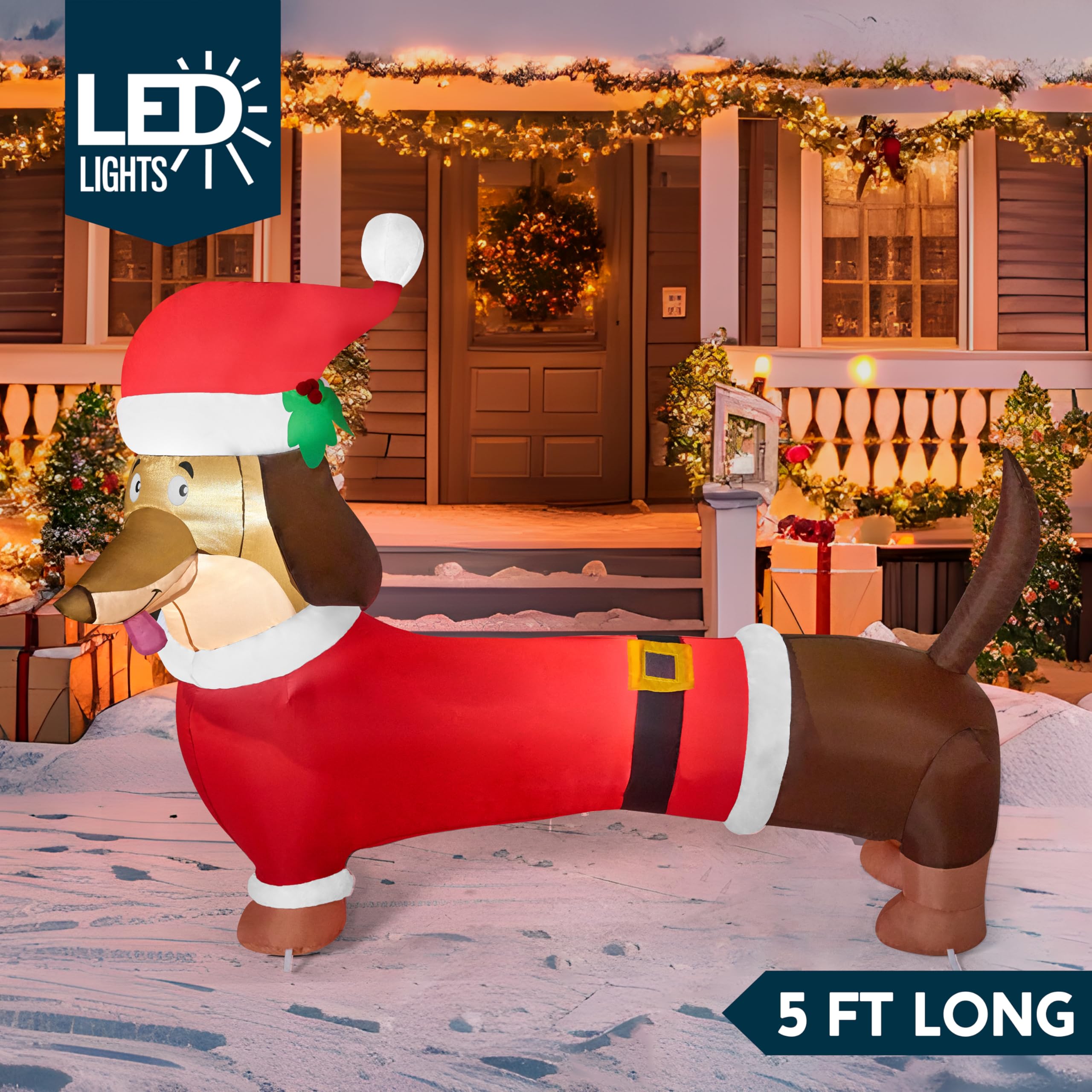 Joiedomi Decoración inflable de cachorro de Navidad de 5 pies con LED integrado, inflable de perro salchicha de Navidad, decoración de patio de perro salchicha inflable para Navidad, decoración de