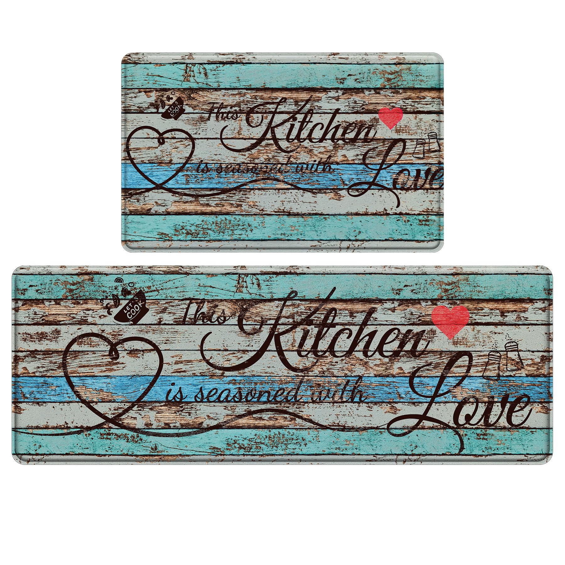 CHICNOOK Farmhouse Kitchen Rug Sets of 2, Love Theme Kitchen Mats, PVC Material Quality, Old-Style Wood Texture Anti Fatigue Kitchen Mats, Wooden Non-Slip and Washable Kitchen Rugs,18''x30''+18''x48''