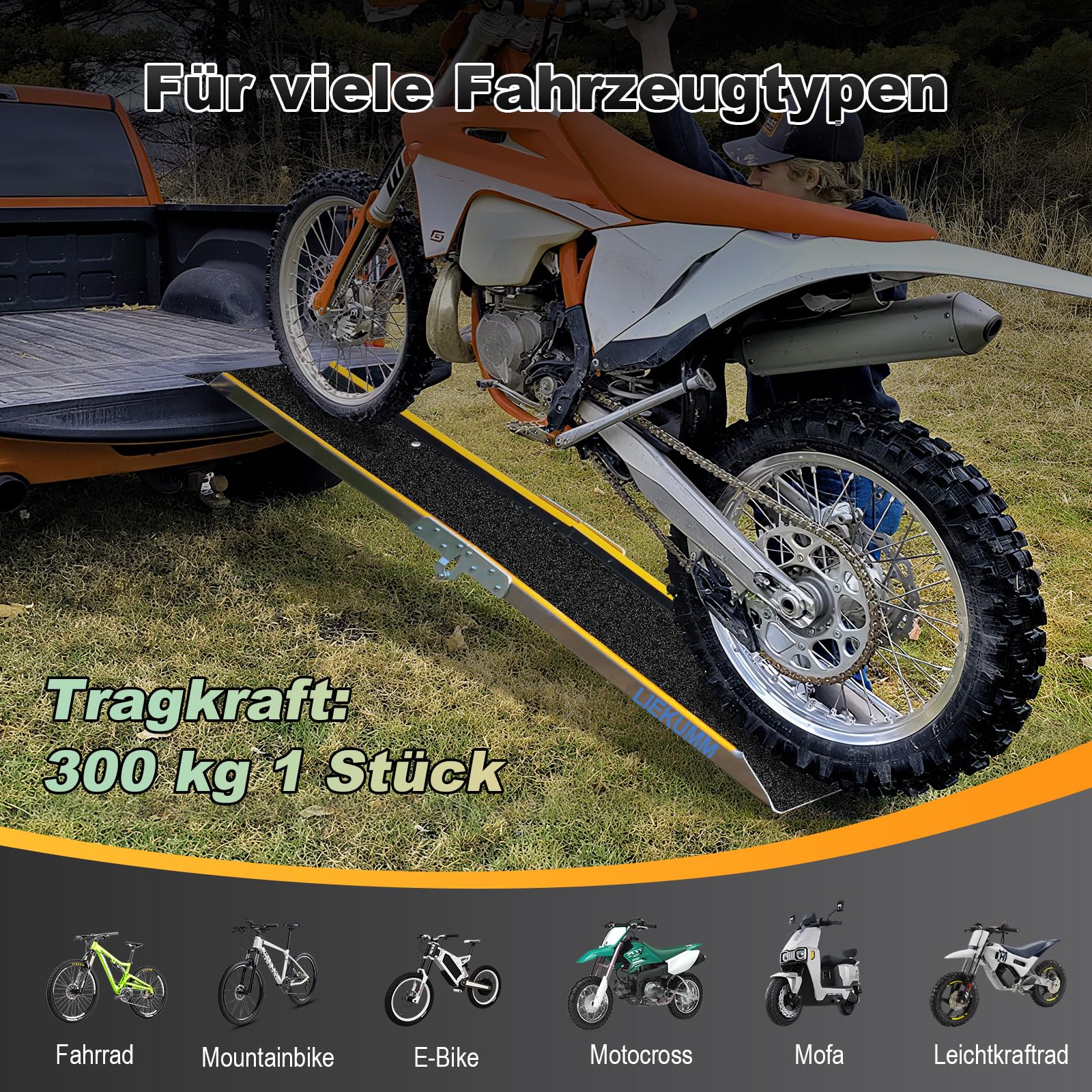 LIEKUMM Auffahrrampe 180 cm, Tragkraft 300 kg, Aluminium Motorrad Rampe Klappbar, rutschfest Auffahrrampe für Anhänger, ATV, Motorrad, Fahrrad, PKW, Auto Laderampe