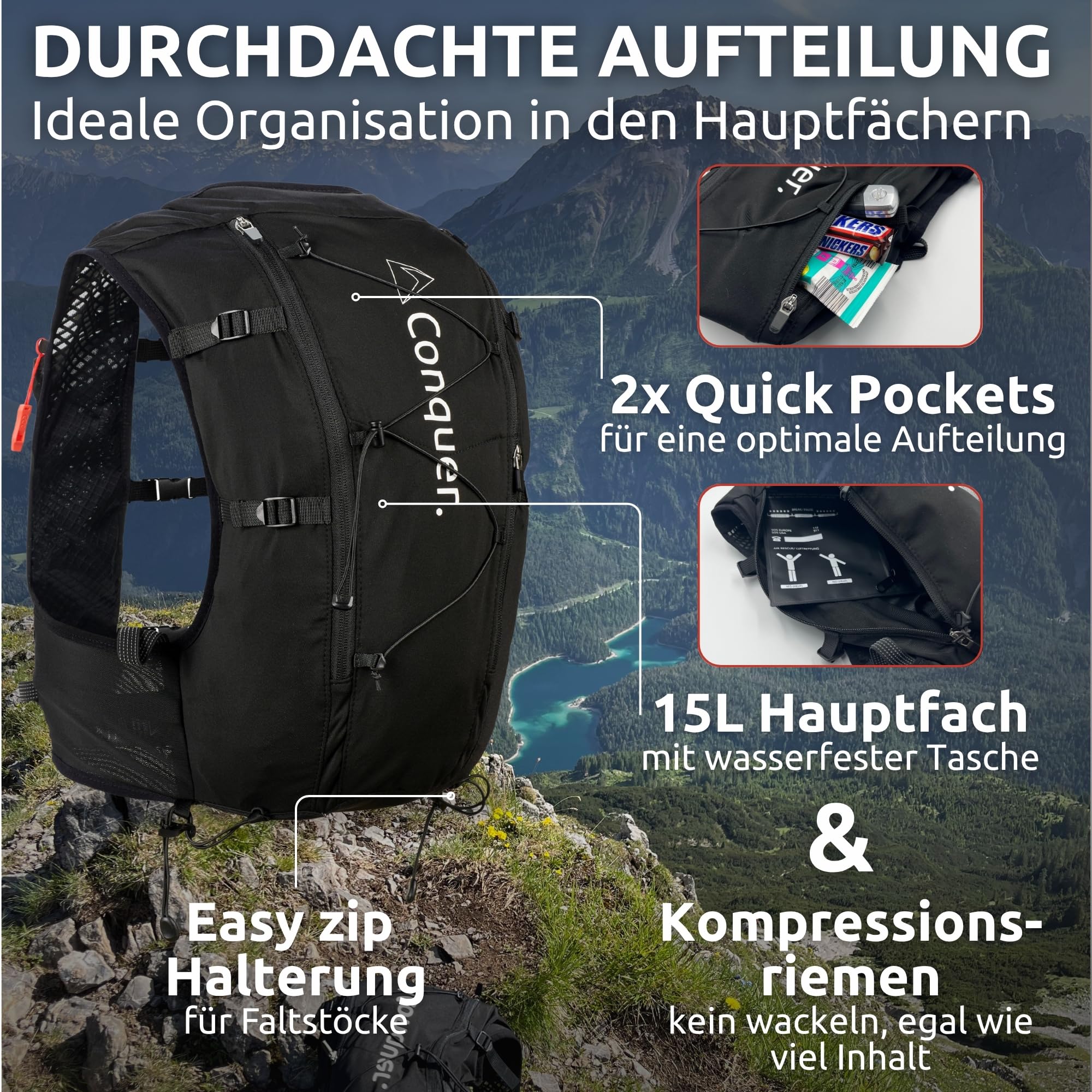 Conquer. Laufweste 15L mit 2L Trinkblase – Damen & Herren Trailrunning Rucksack mit Trinksystem | Laufrucksack für Marathon, Langstrecke & Joggen | Hydration Vest